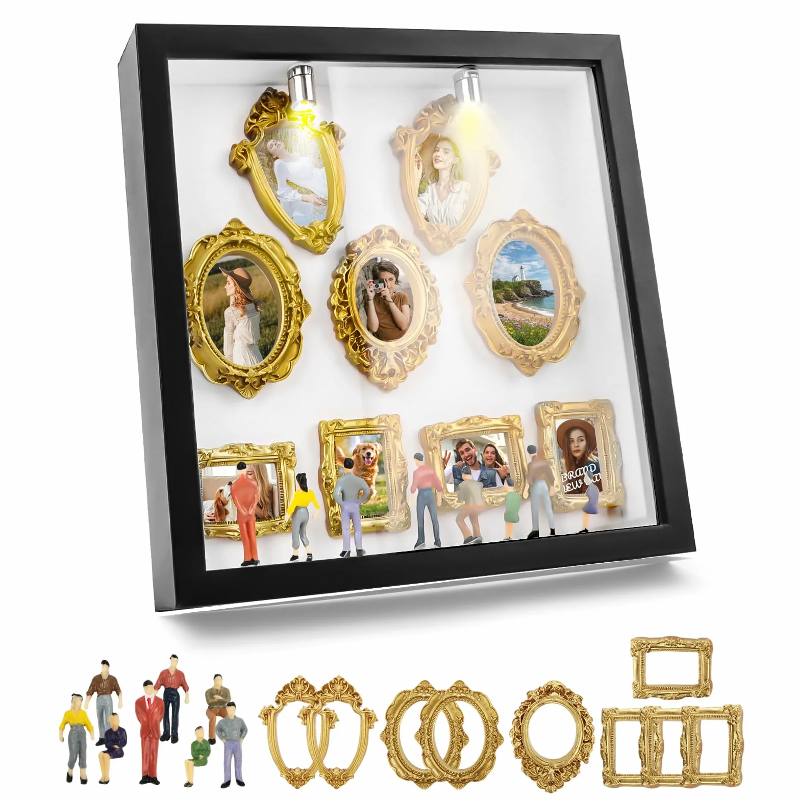 Mini muzealne pudełko "zrób to sam", 8 cali, mini muzeum sylwetki, zestaw "zrób to sam", 8 mini złotych ramek i 8 losowych figurek, kreatywna ramka na zdjęcia ze światłem LED, pomysł na prezent