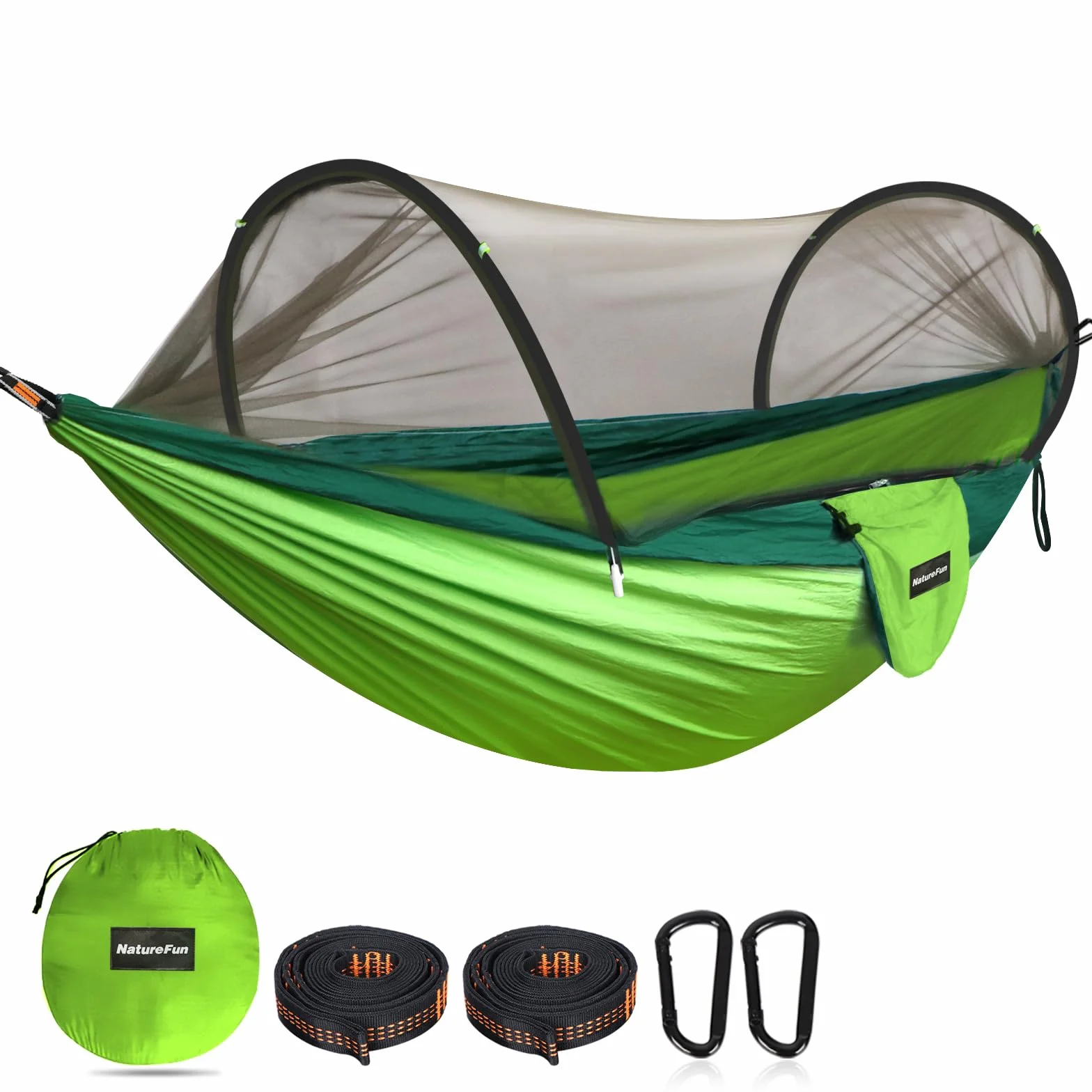 NATUREFUN Ultralekki hamak kempingowy z siatki przeciw komarom | Nośność 300 kg, szybkoschnący oddychający nylon spadochronowy | 2 wysokiej jakości karabińczyki, 2 x nylonowe zawiesia