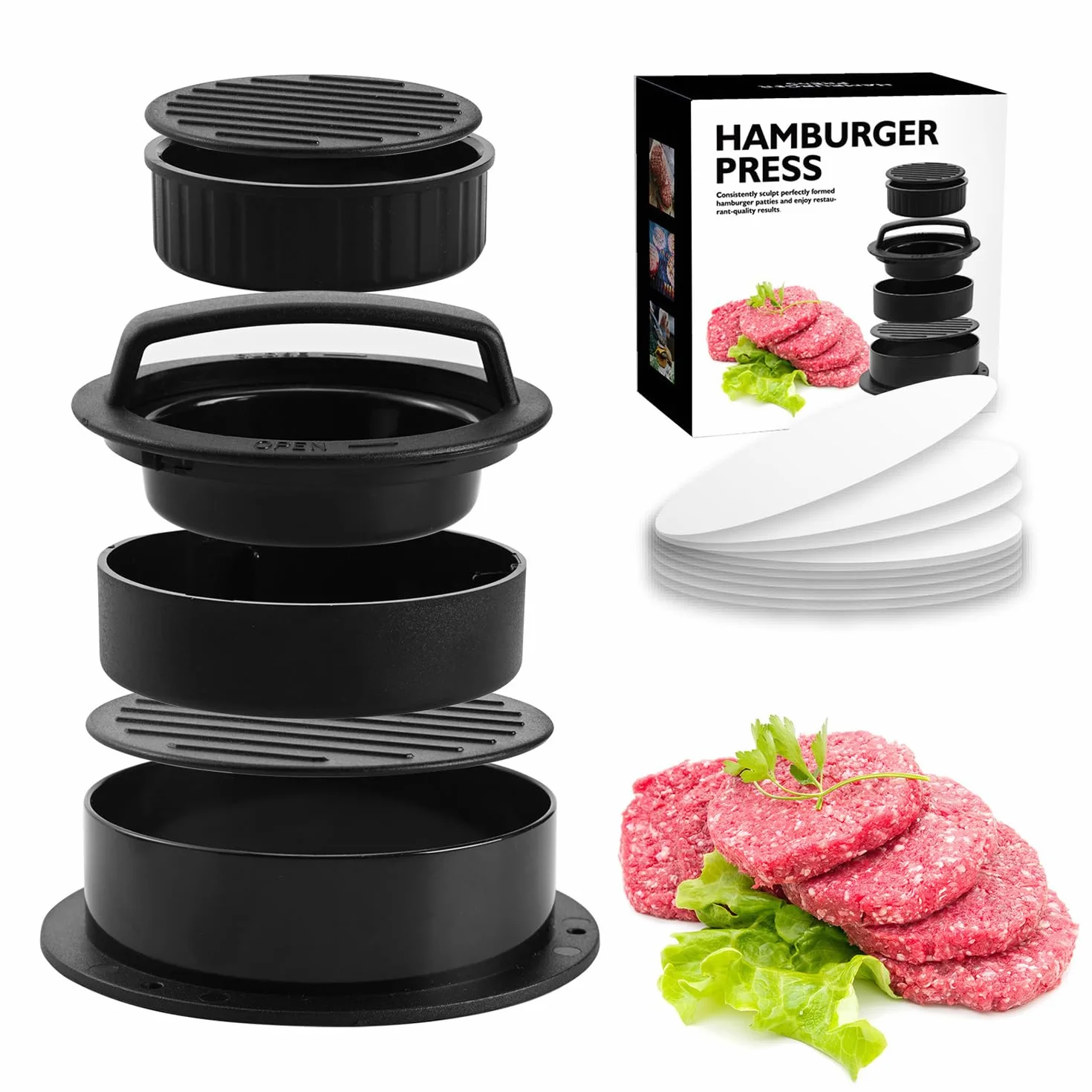 Prasa do hamburgerów 4 w 1, zestaw do hamburgerów, profesjonalna prasa do hamburgerów z uchwytem z tworzywa ABS, doskonałe akcesoria do grilla, nadaje się do mycia w zmywarce, 100 papier Patties
