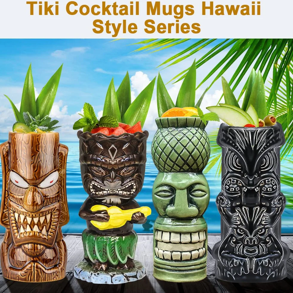 Kubki tiki na koktajle, zestaw 4 dużych ceramicznych tropikalnych kubków, hawajskie, kreatywne, do baru, premium, egzotyczne