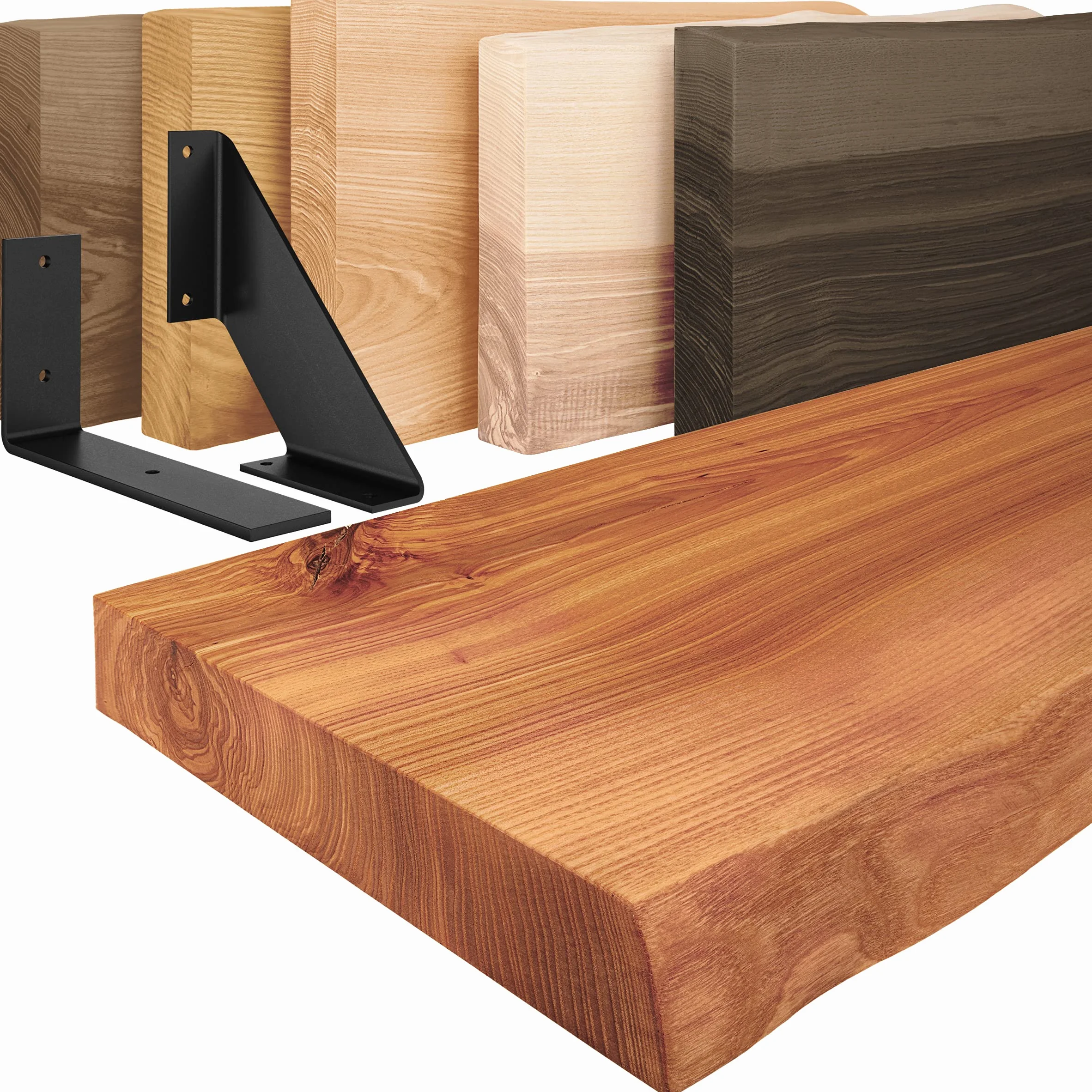 LAMO Manufaktur półka ścienna, regał drewniany, szczotkowana krawędź, w zestawie dodatkowo czarny wspornik do półki, ciemny jesion 160cm, LW-01-A-004-160L