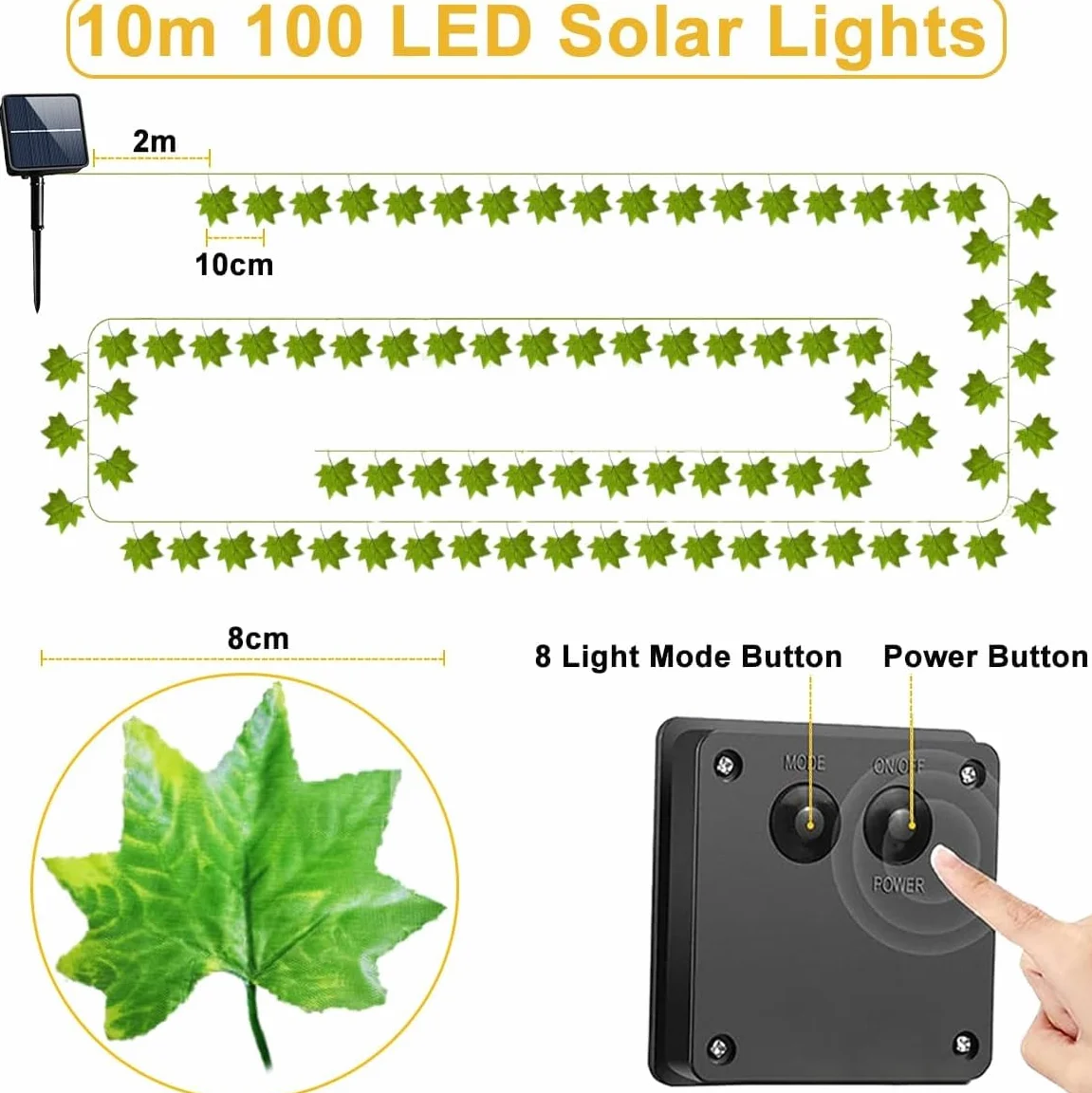 Joycome Solarny łańcuch świetlny, 10 m, 100 diod LED, bluszcz, 8 trybów, z łańcuchem świetlnym, IP65, odporny na warunki atmosferyczne, liście, na balkon, do ogrodu, na taras, do użytku na zewnątrz
