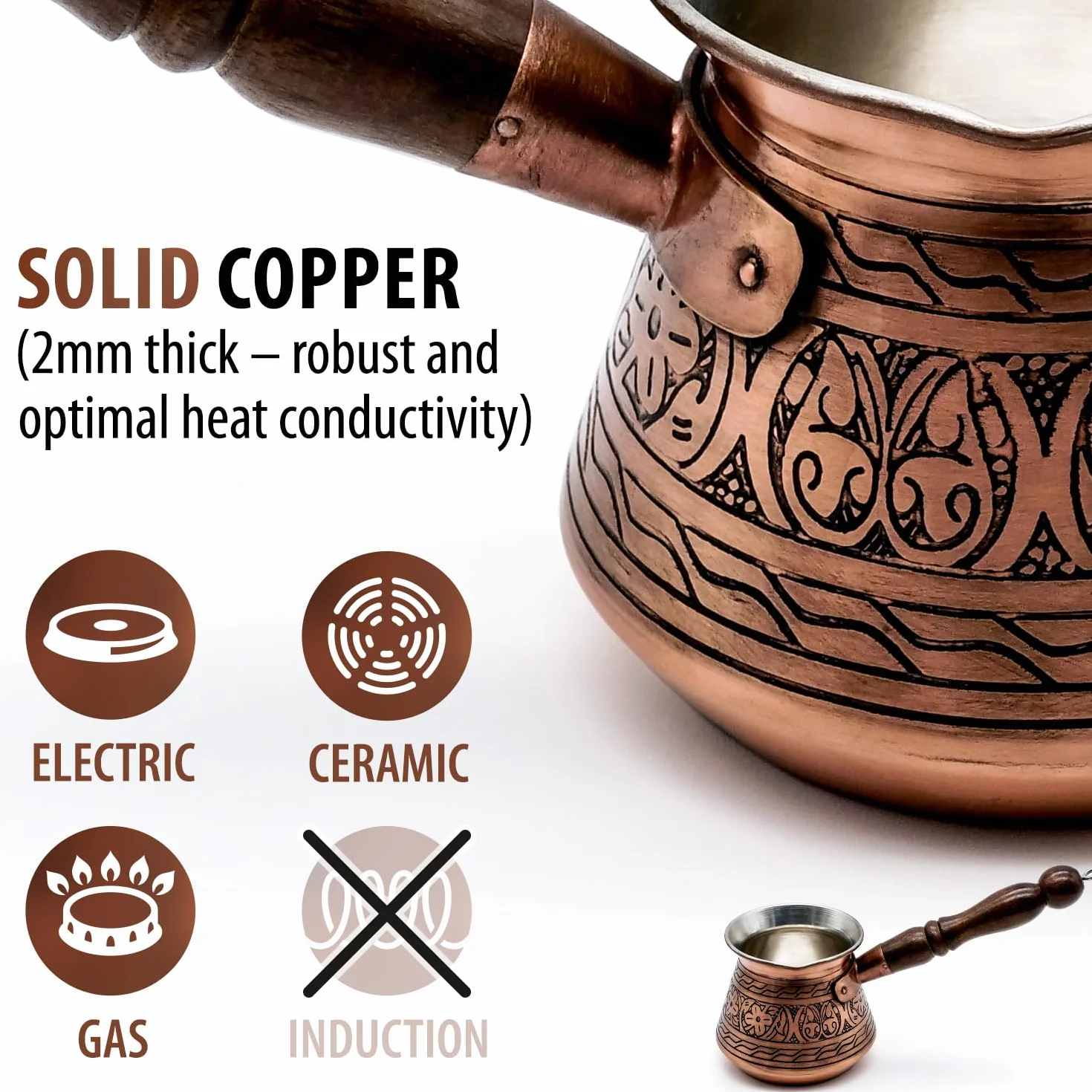 Miedziany Cezve Ibrik Turkish Coffee Pot 450 ml Ręcznie Wykonany Grawerowany 2 mm
