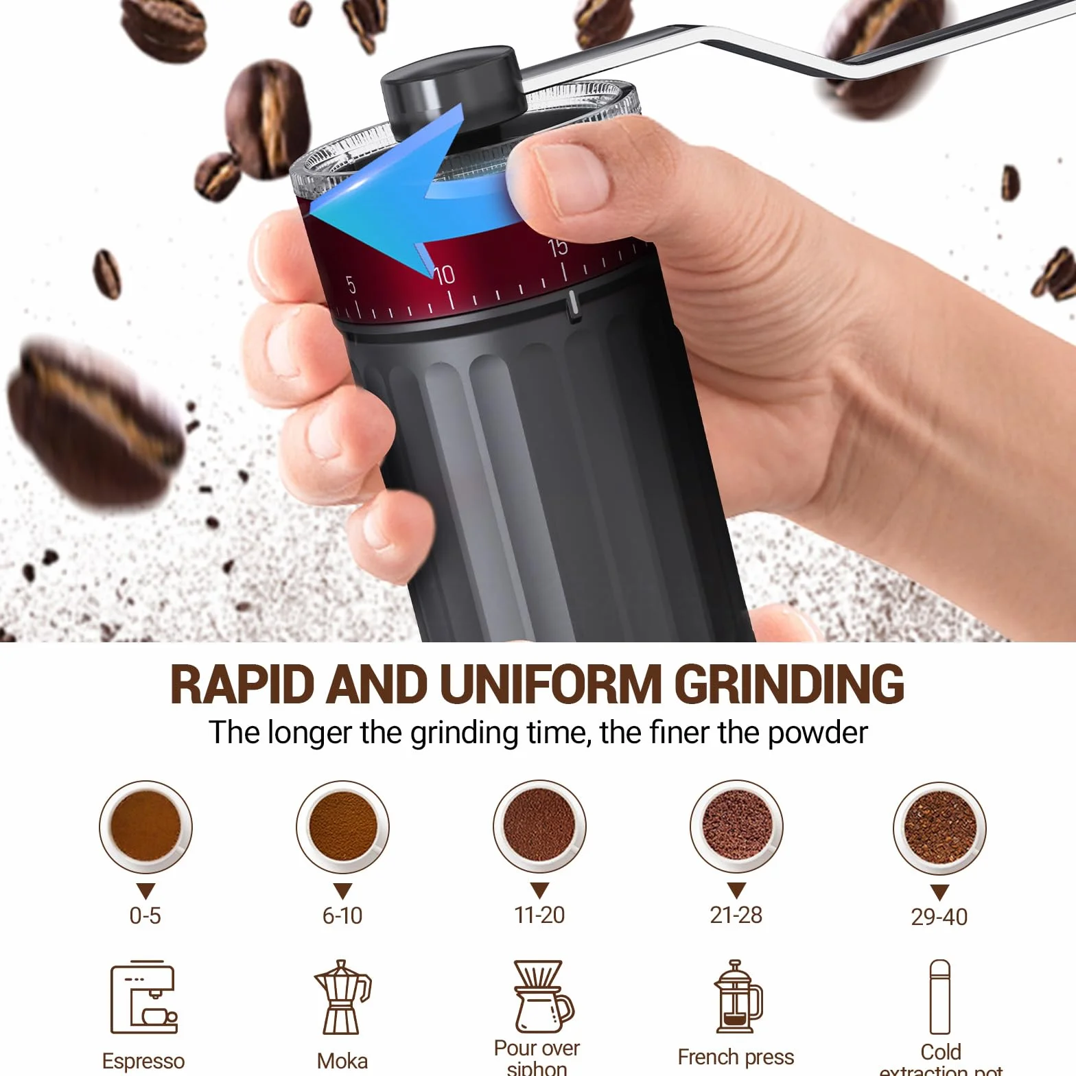Ręczny młynek do kawy przenośny 40 ustawień do Espresso Moka Pour Over French Press