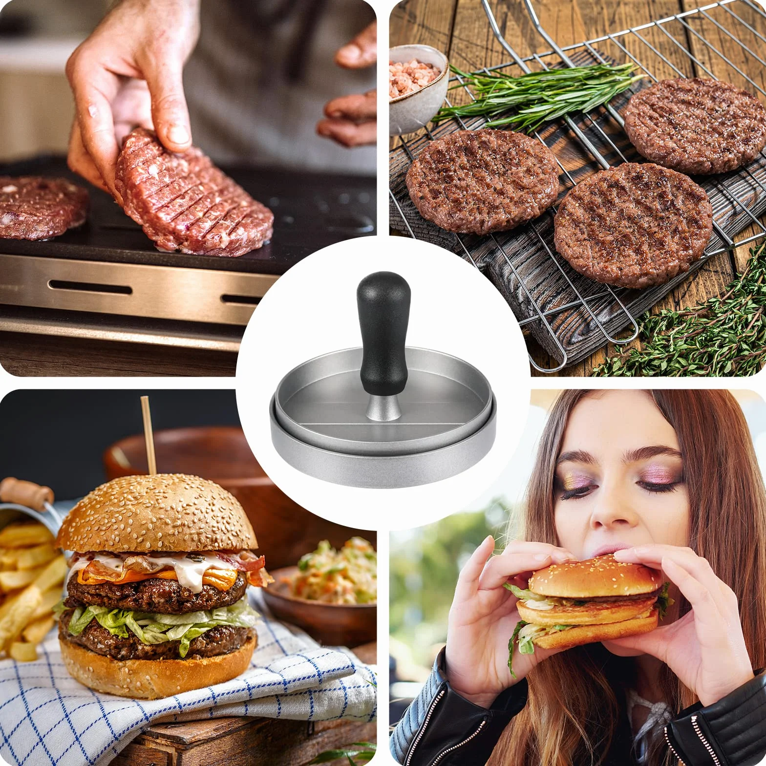 Prasa do burgerów i 100 arkuszy papieru woskowego, nieprzywierający maker do kotletów hamburgerowych do produkcji Quarter Lb lub dużych nadziewanych burgerów kieszonkowych o wadze 1/3 funta, aluminium