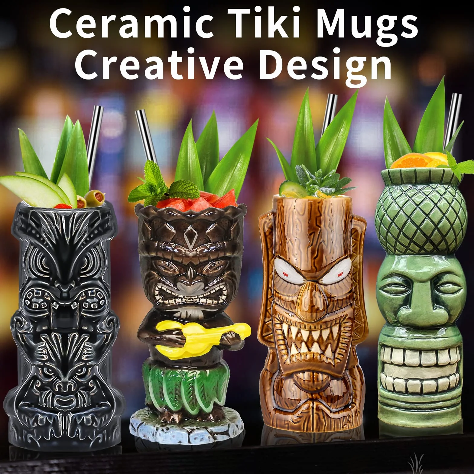 Kubki tiki na koktajle, zestaw 4 dużych ceramicznych tropikalnych kubków, hawajskie, kreatywne, do baru, premium, egzotyczne