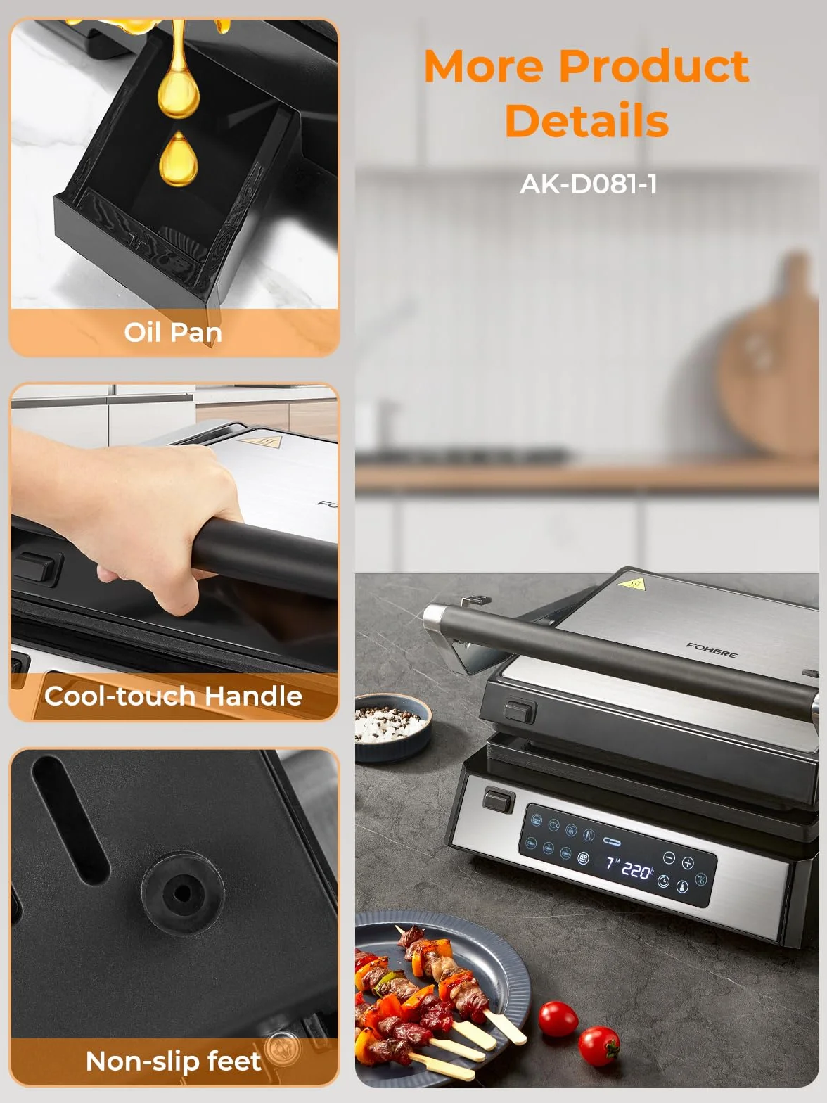 FOHERE Grill kontaktowy XL, wielofunkcyjny, opiekacz do kanapek i gofrownica 4 w 1, 2200 W, z 4 zdejmowanymi płytami z powłoką zapobiegającą przywieraniu, indywidualny czas i temperaturę, wskaźnik LED