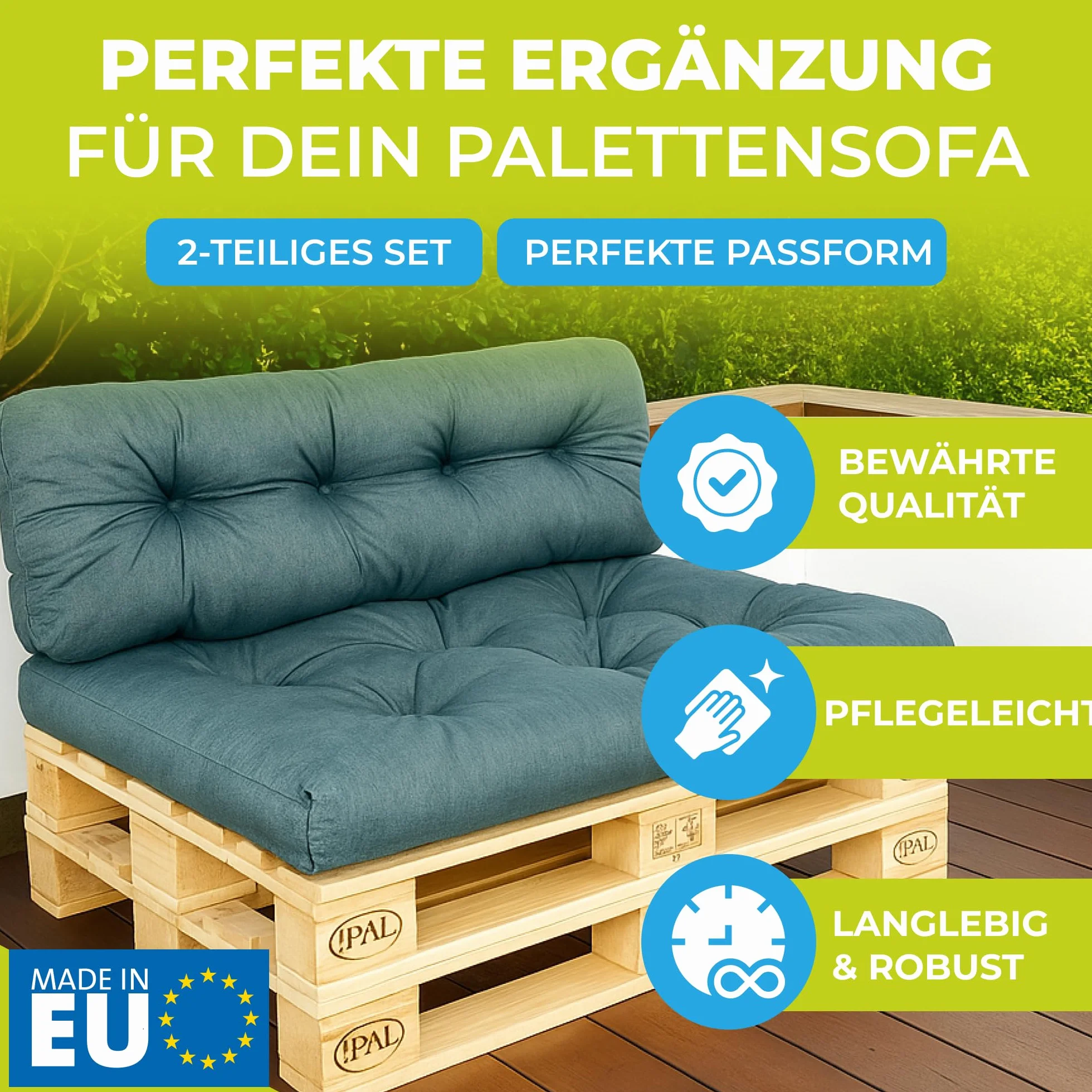 Zestaw 2 poduszek na palety | Pikowane siedzisko i oparcie do mebli z europalet | Do ogrodu i wnętrz | Wodoodpychająca tkanina z ochroną UV | Wyprodukowane w Polsce | Grafit