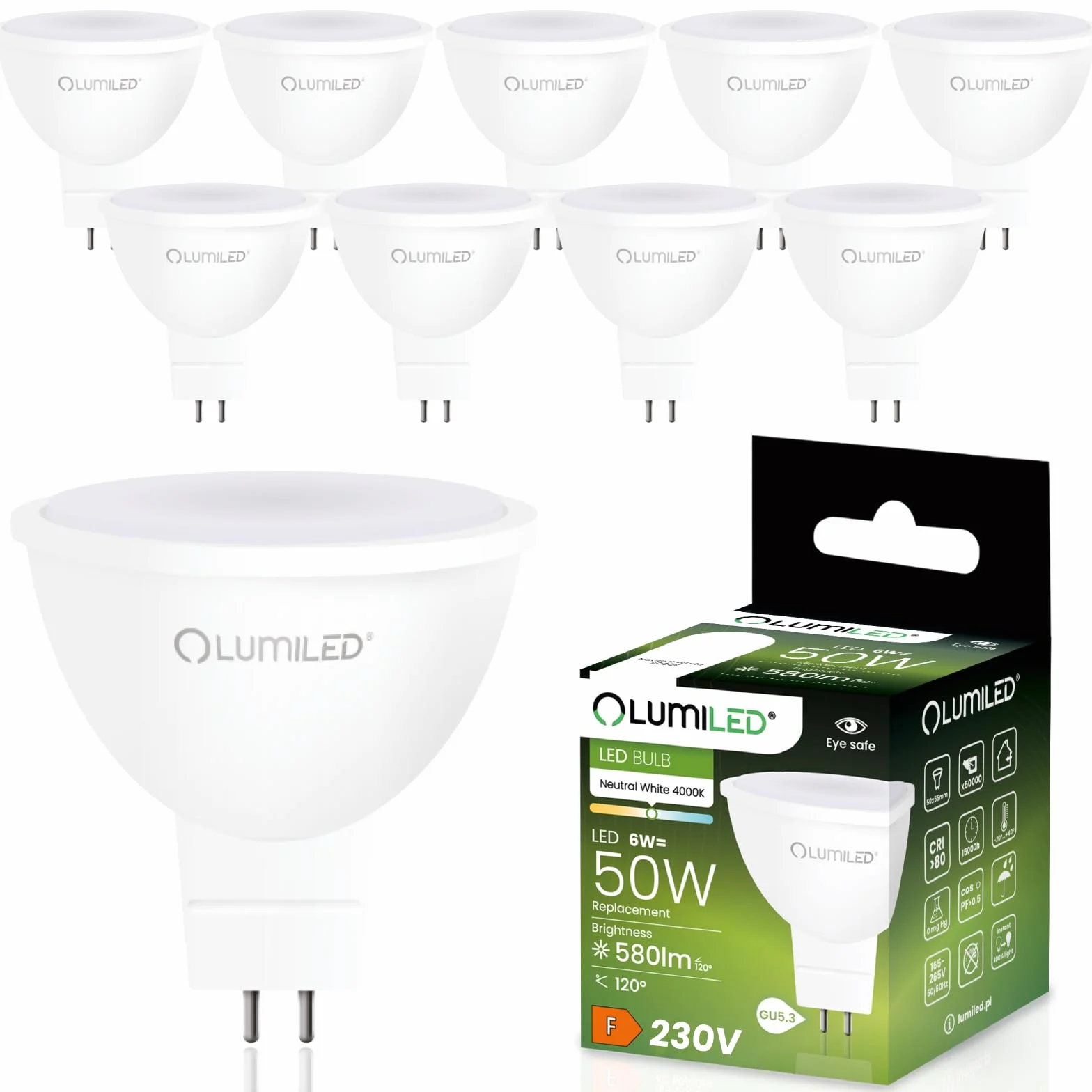 10x Żarówka LED GU5.3 Reflektor MR16 6W = 50W 580lm 4000K Neutralna 120° LUMILED