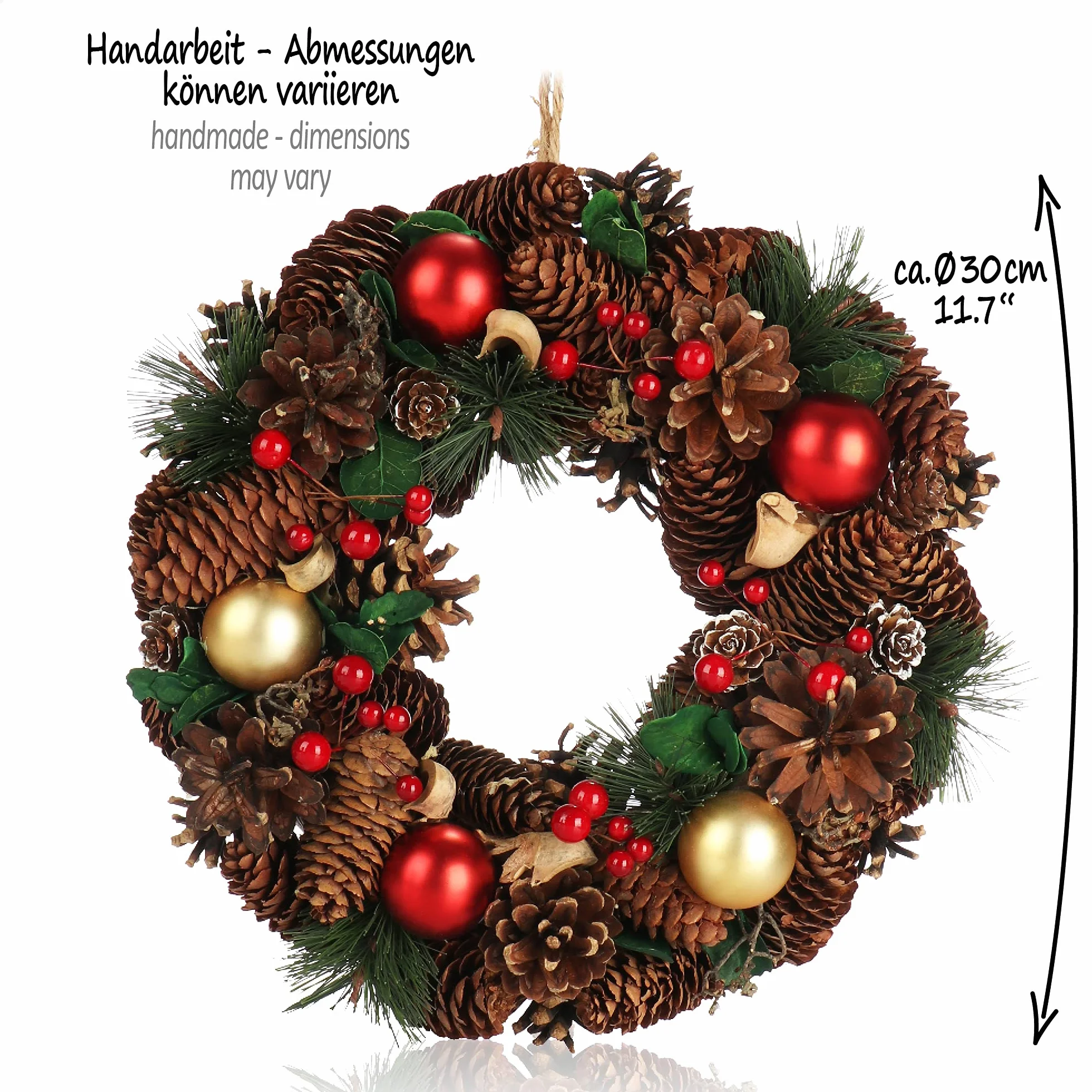 COM-FOUR® Wieniec swiateczny na drzwi - Wieniec adwentowy z szyszkami i bombkami choinkowymi - Wieniec dekoracyjny Ø ok. 30 cm - Dekoracja swiateczna (kulki zlote + czerwone)