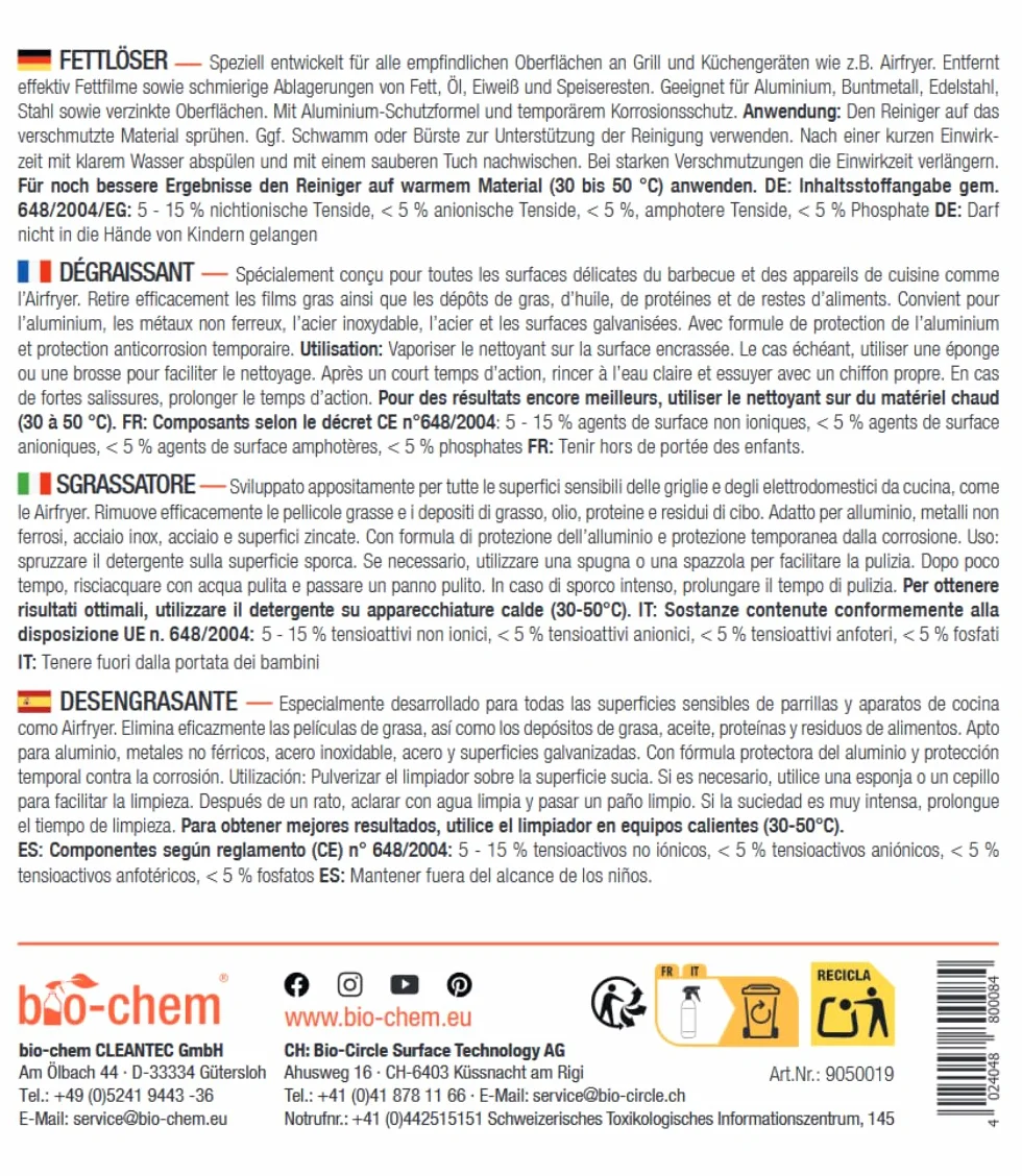 bio-chem BBQ-Cleaner ?rodek do czyszczenia grilla 750 ml + ?ciereczka z mikrofibry efektywne czyszczenie w profesjonalnej jako?ci spray piel?gnacyjny do rusztu do grilla, bezzapachowy i przyjazny