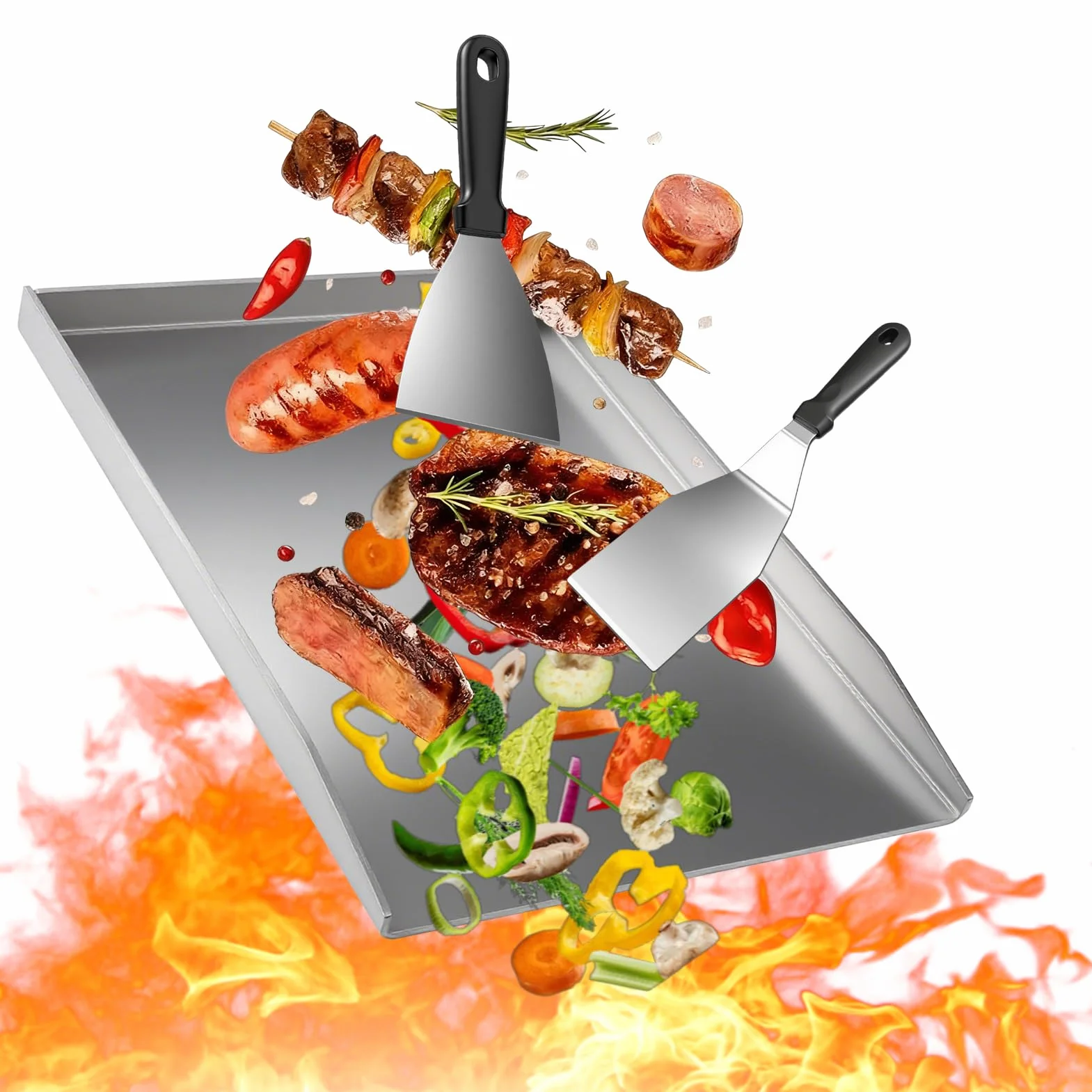 Nikou płyta grillowa ze stali nierdzewnej 40 x 30 cm, płyta grillowa Plancha z 2 łopatkami do grillowania na gaz i węgiel drzewny, uniwersalna płyta grillowa Plancha z łopatką do grillowania