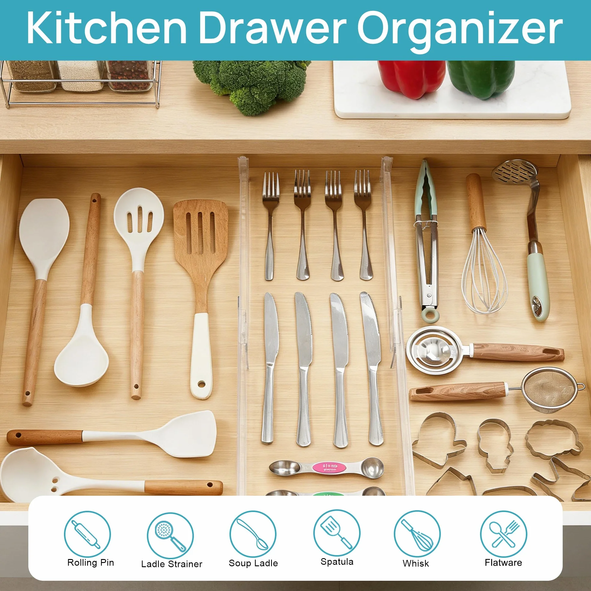 Vtopmart 8 sztuk płytkich przegródek do szuflad, wysokość 6 cm, 32 cm - 53 cm, regulowany, rozszerzalny organizer kuchenny, przezroczyste plastikowe organizery separatory do sztućców, sztućców