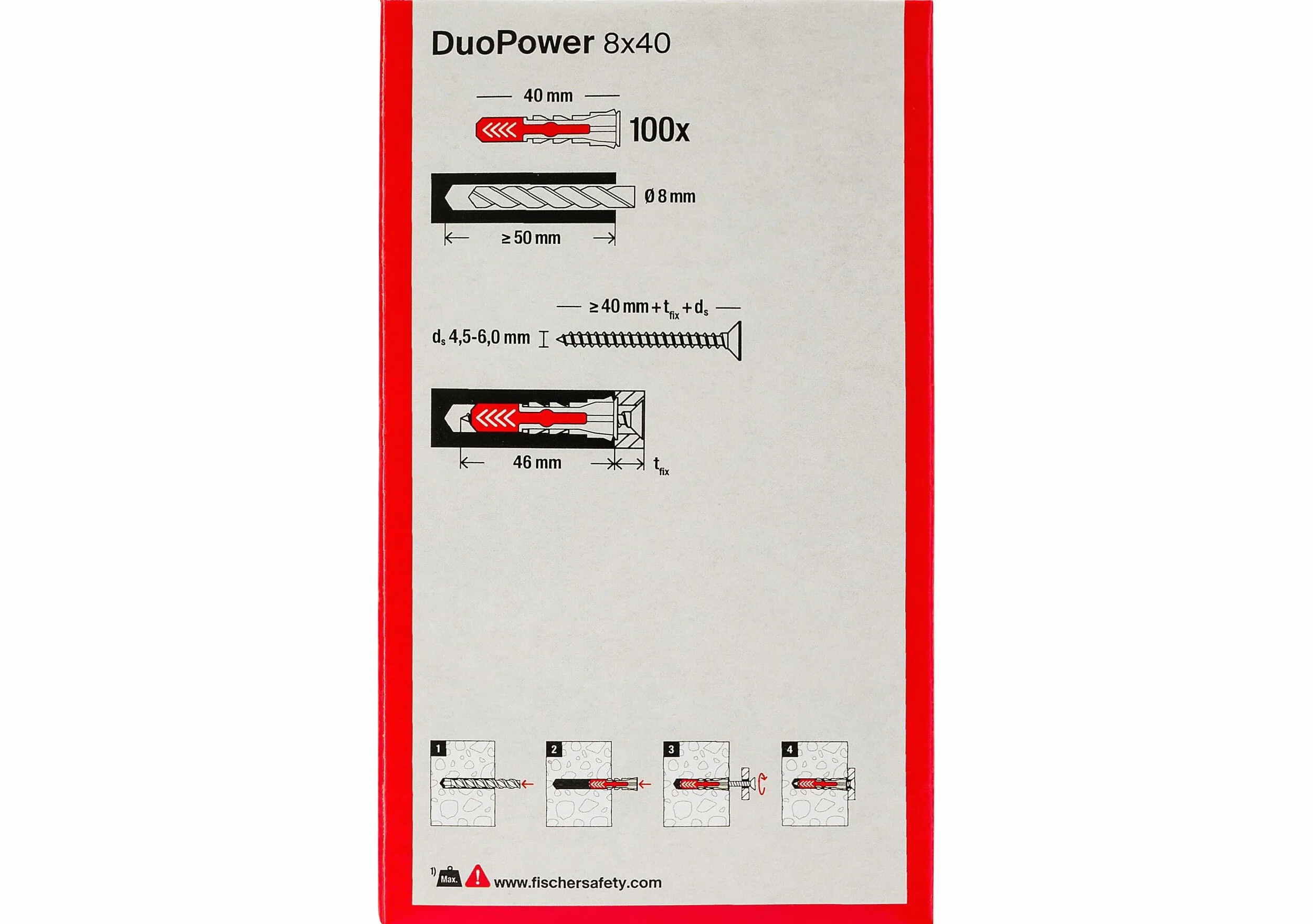 Fischer 537641 Duopower kołki, szare/czerwone, 8 x 40 mm, 100 sztuk