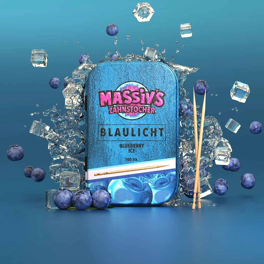 Massiv’s Toothpicks – Smakowe wykałaczki – BLAULICHT Blueberry Ice – 100 smakowych wykałaczek – Świeży oddech – Stylowa metalowa puszka – Wegańskie, bez cukru, bez kalorii