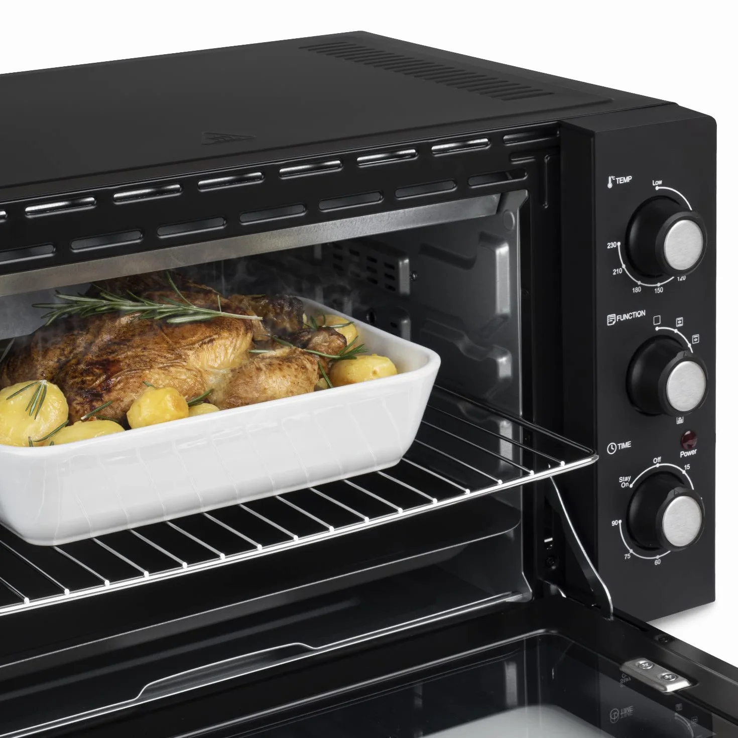 Kompaktowy mini piekarnik FO42 H.Koenig, pojemność 42L, temperatura do 230°C, 5 trybów gotowania, timer do 90 min, ciepło obrotowe/pieczone, z szczypcami, podnośnikiem okruchów i gramofonem, 2000 W