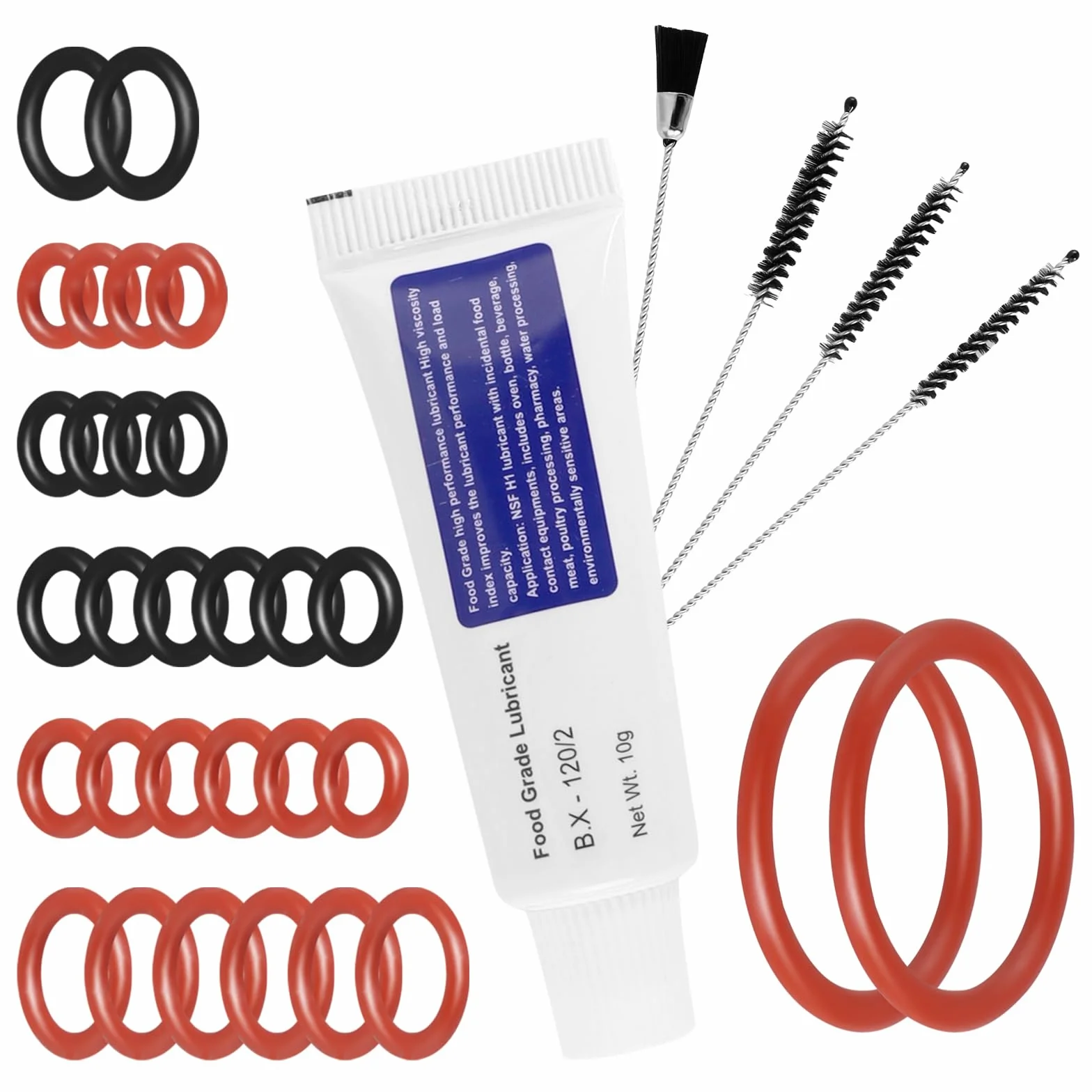 Zestaw uszczelek do Philips Saeco z 30 sztukami pierścieni uszczelniających, zestaw zaparzaczy, 10 g, smar silikonowy, przeznaczony do kontaktu z żywnością i zestaw szczotek do czyszczenia, kompletny