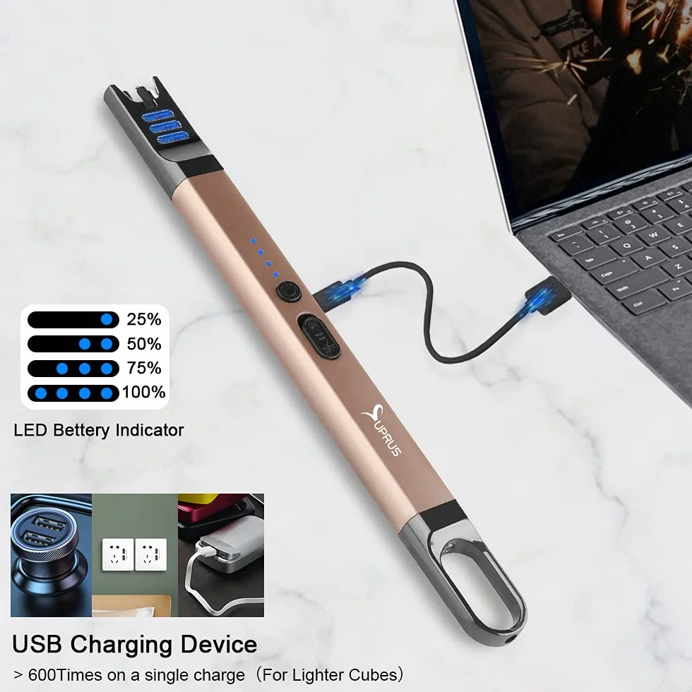 SUPRUS Zapalniczka do świec elektryczna, z łukiem świetlnym, wiatroszczelna, bezpłomieniowa, do ponownego ładowania przez USB z oświetleniem LED, na kemping, grillowanie, gotowanie (czarna + złota)