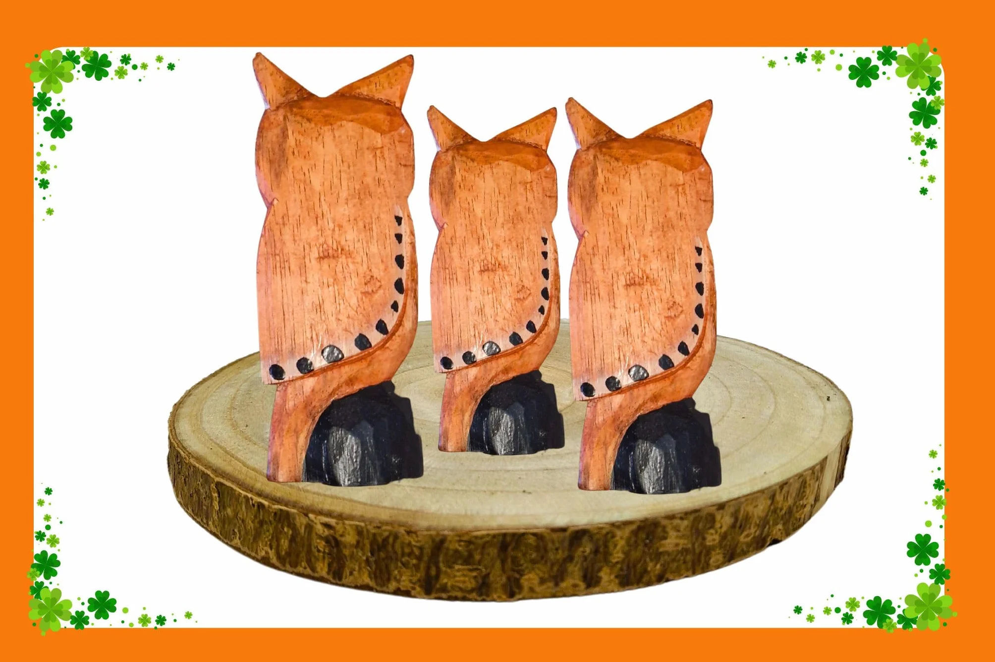 Zestaw 3 figurek zwierzęcych z drewna, sowa, kot, żółw, ryba - dekoracja, ręcznie rzeźbione, rzemiosło artystyczne, ornament do mebli (3 sowy, brązowe skrzydła, z gwiazdą, DR)