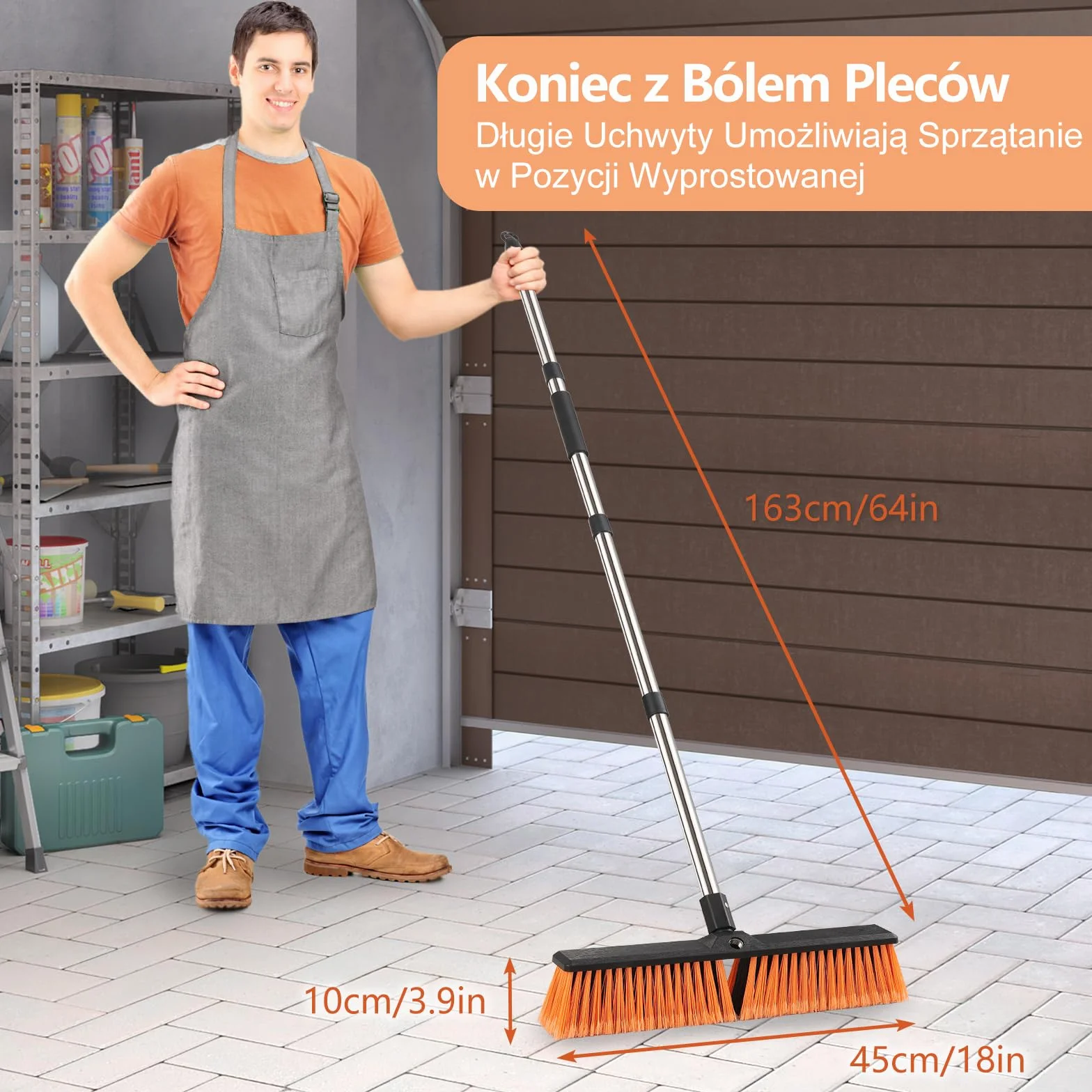 Mitclear 45cm Miotła Ogrodowa Heavy Duty z Długim Uchwytem(163cm), Miotła Pchana na Zewnątrz, Wytrzymała Szczotka ze Sztywnym Włosiem do Tarasów, Ogrodów, Podjazdów, Podwórek, Betonu
