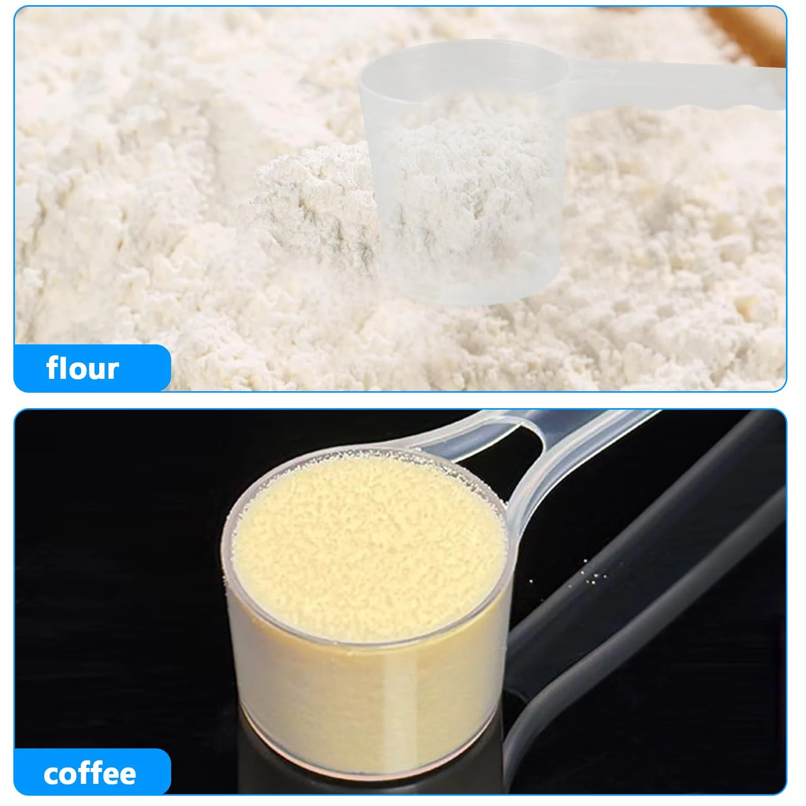 4 szt. Łyżka z dozownikiem, łyżki miarki, 40 ml, 50 ml, 70 ml, 100 ml łyżki przezroczyste plastikowe dozowniki ze skalą, łyżki kuchenne miarki do białka w proszku mąki