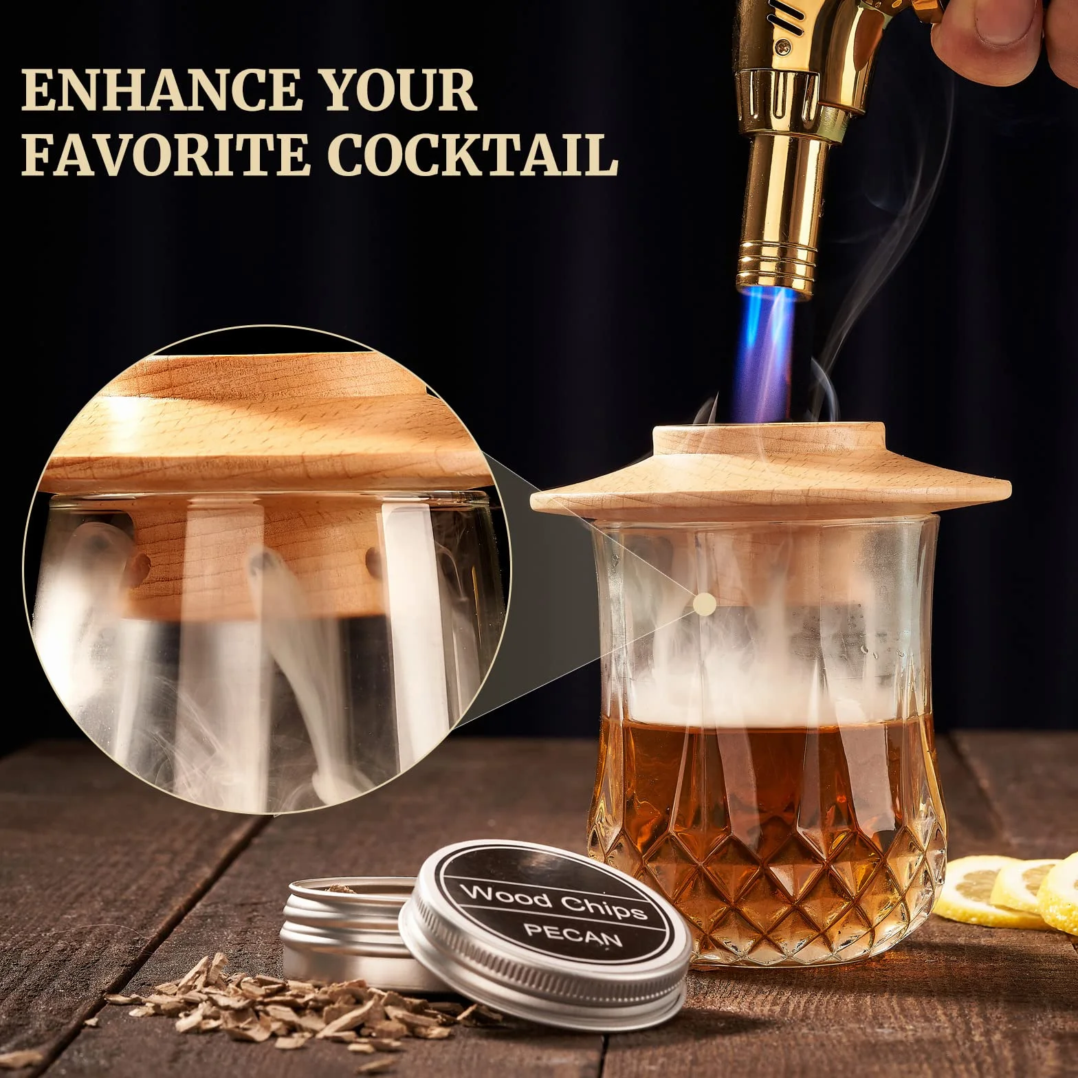Zestaw Whisky Smoker – Old Fashioned Cocktail Gift Set z 6 Wiórkami Drzewnymi, 4 Kamieniami Granitowymi do Whisky i Palnikiem – Idealny Prezent dla Miłośników Whisky i Koktajli (bez butanu)