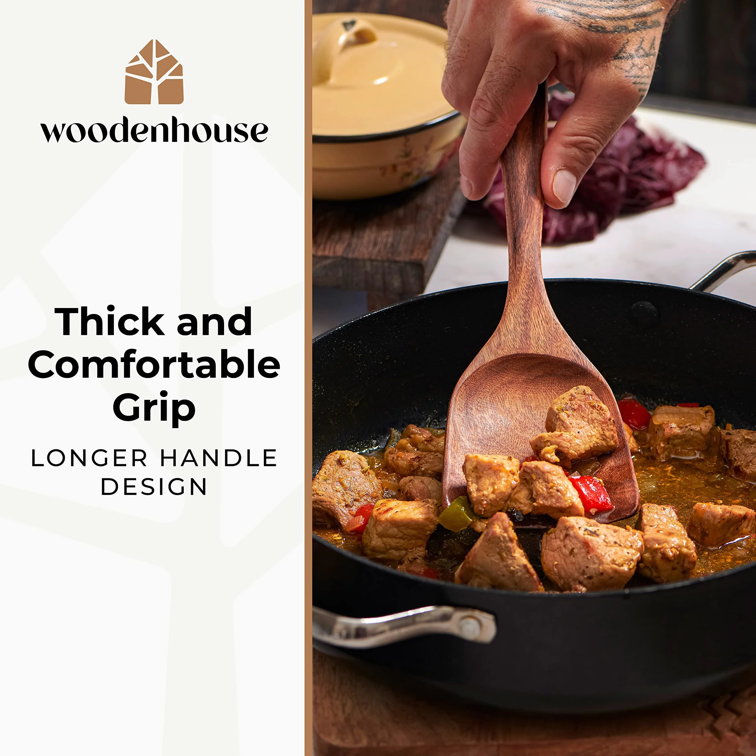 Teak Wooden Spoons for Cooking Set with Holder - 12pcs Nonstick Kitchen Utensils by Woodenhouse