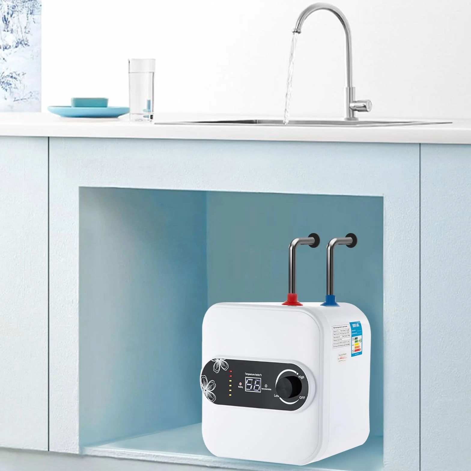 Podblatowy bojler 8 l, 1500 W, elektryczny podgrzewacz wody, mini podgrzewacz wody, podgrzewacz wody 30-65°C, natychmiastowy mały podgrzewacz wody do kuchni, łazienki