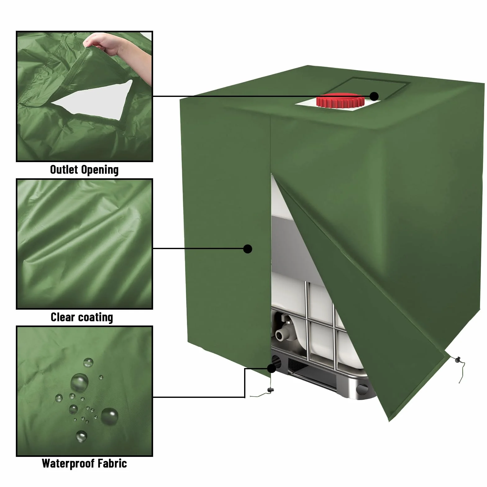 Pokrywa na zbiornik IBC 1000L – Wodoodporna osłona UV do zbiornika wodnego i kontenera IBC 420D – Plandeka z zamkiem błyskawicznym 120x100x116 cm (Zielony)