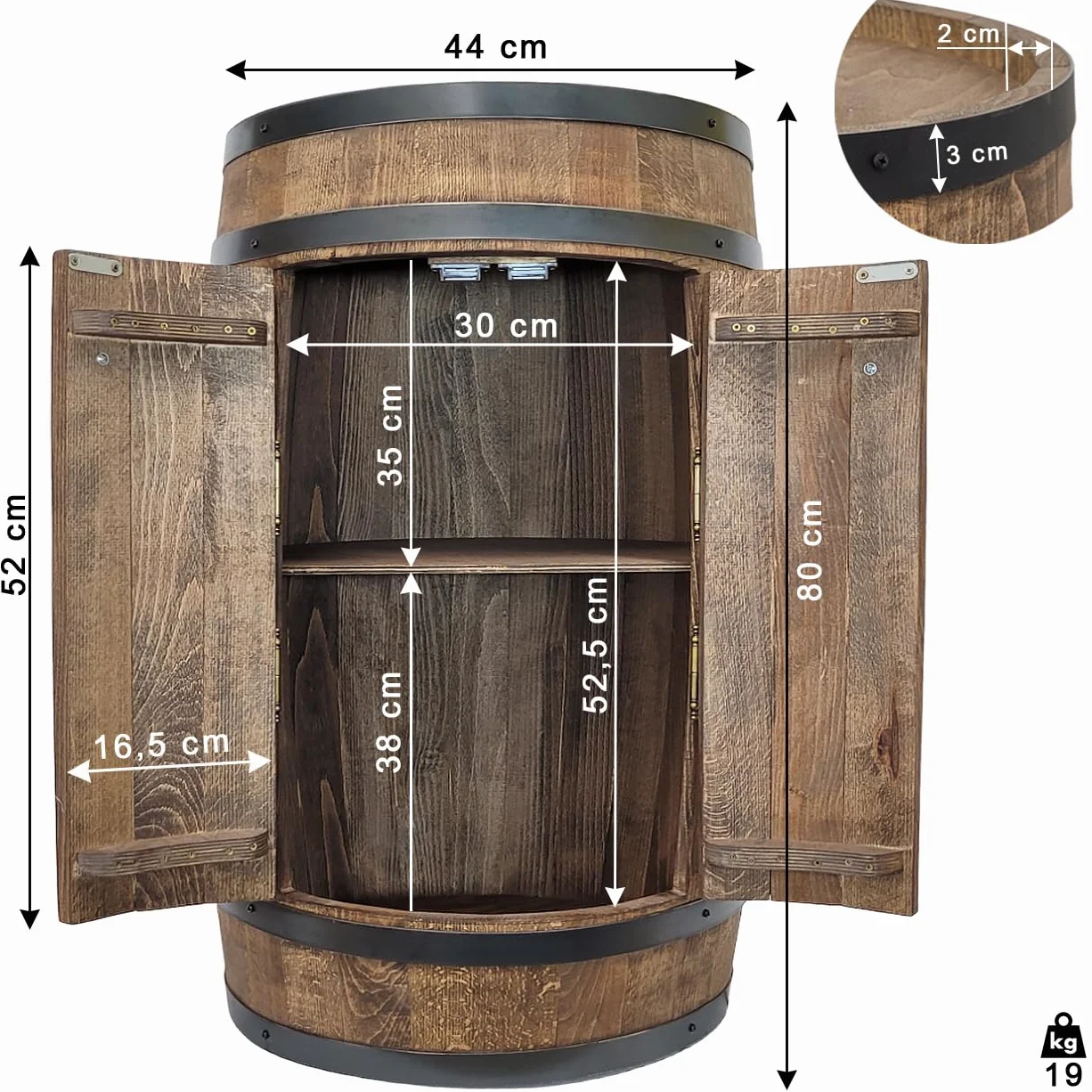 Barek z 2 drzwiczkami, drewniana beczka XL na wino – ręcznie robiony regał na butelki bar vintage, szafka na whisky, piwo, wino, prezent dla mężczyzny