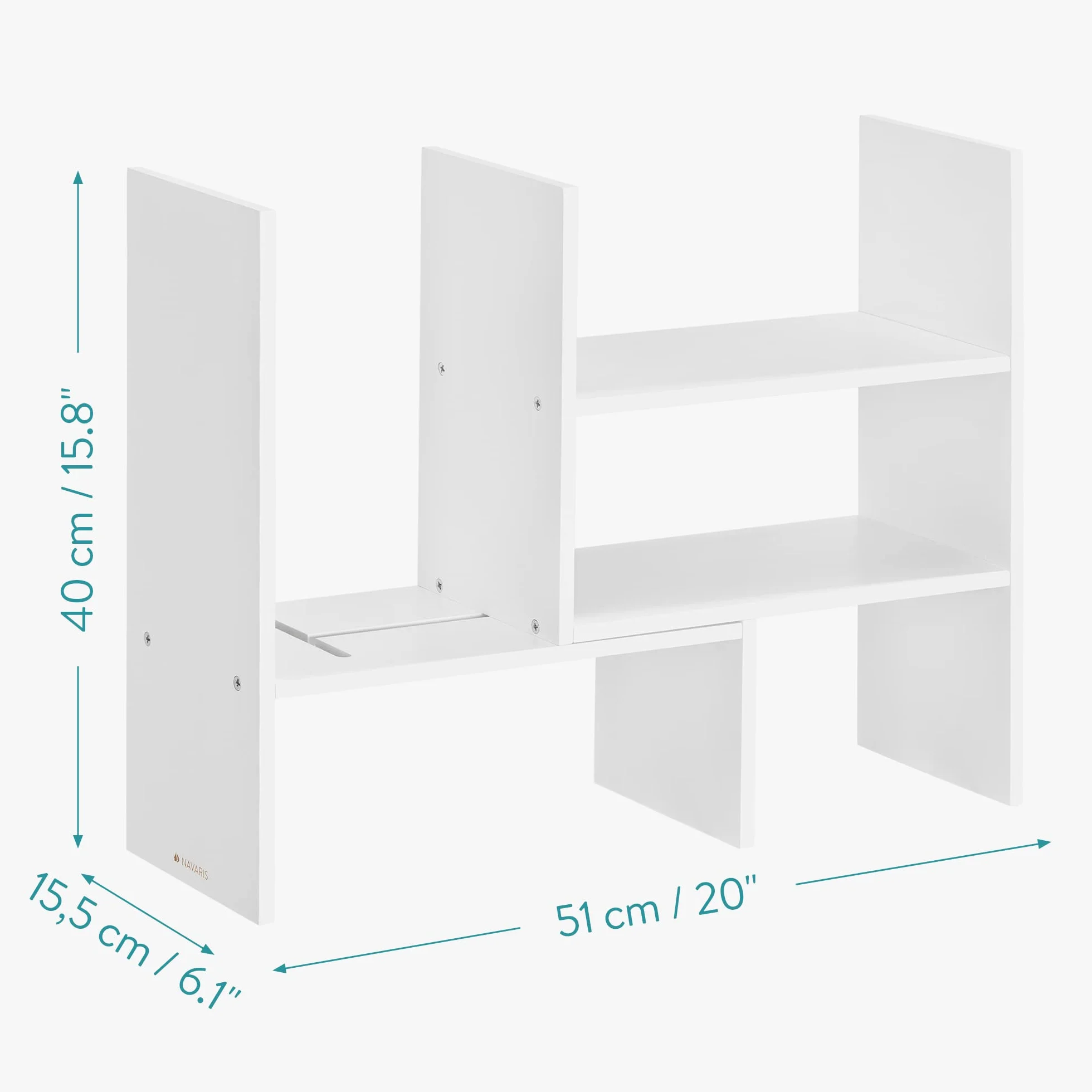 Navaris Bambusowy organizer na biurko, 64 x 15,5 x 40 cm, regulowany system porządkowania – regał narożny do kuchni, biura, łazienki, nadstawka regału – biały