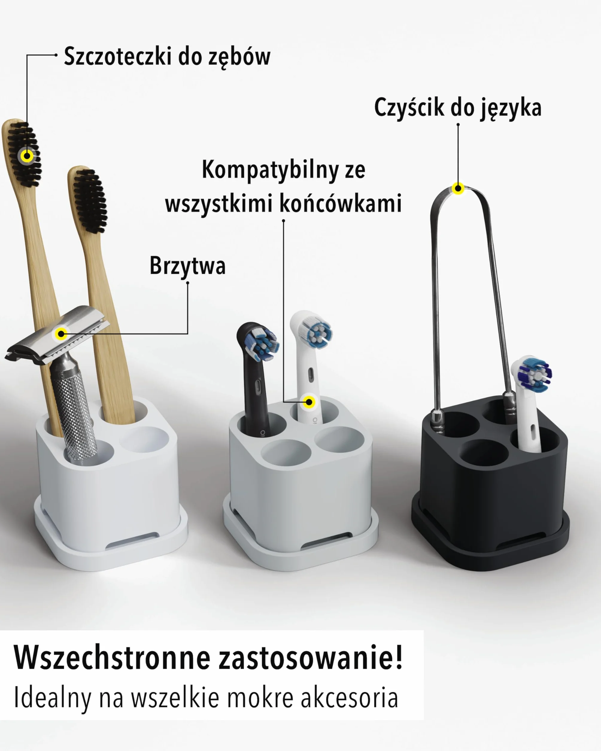 Qikfresh - Uchwyt na 4 końcówki i szczoteczki do zębów - Kompatybilny z Oral-B, iO, Philips Sonicare, Waterpik, Fairywill - Silikon spożywczy (Czarny)