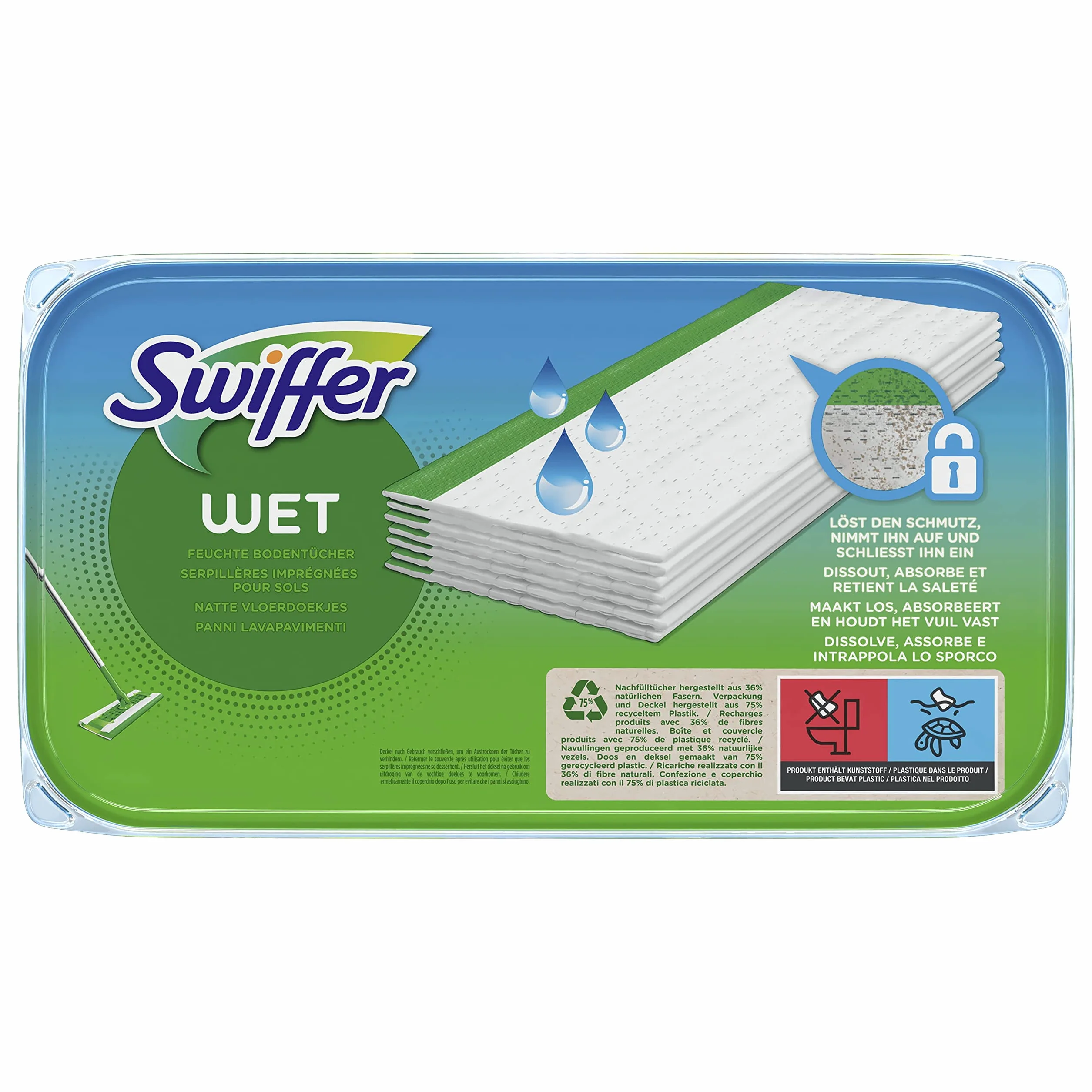 Swiffer Chusteczki na mokro, 12 chusteczek czyszczących, do zamiatania, łapania kurzu, chusteczki zatrzymują kurz i brud