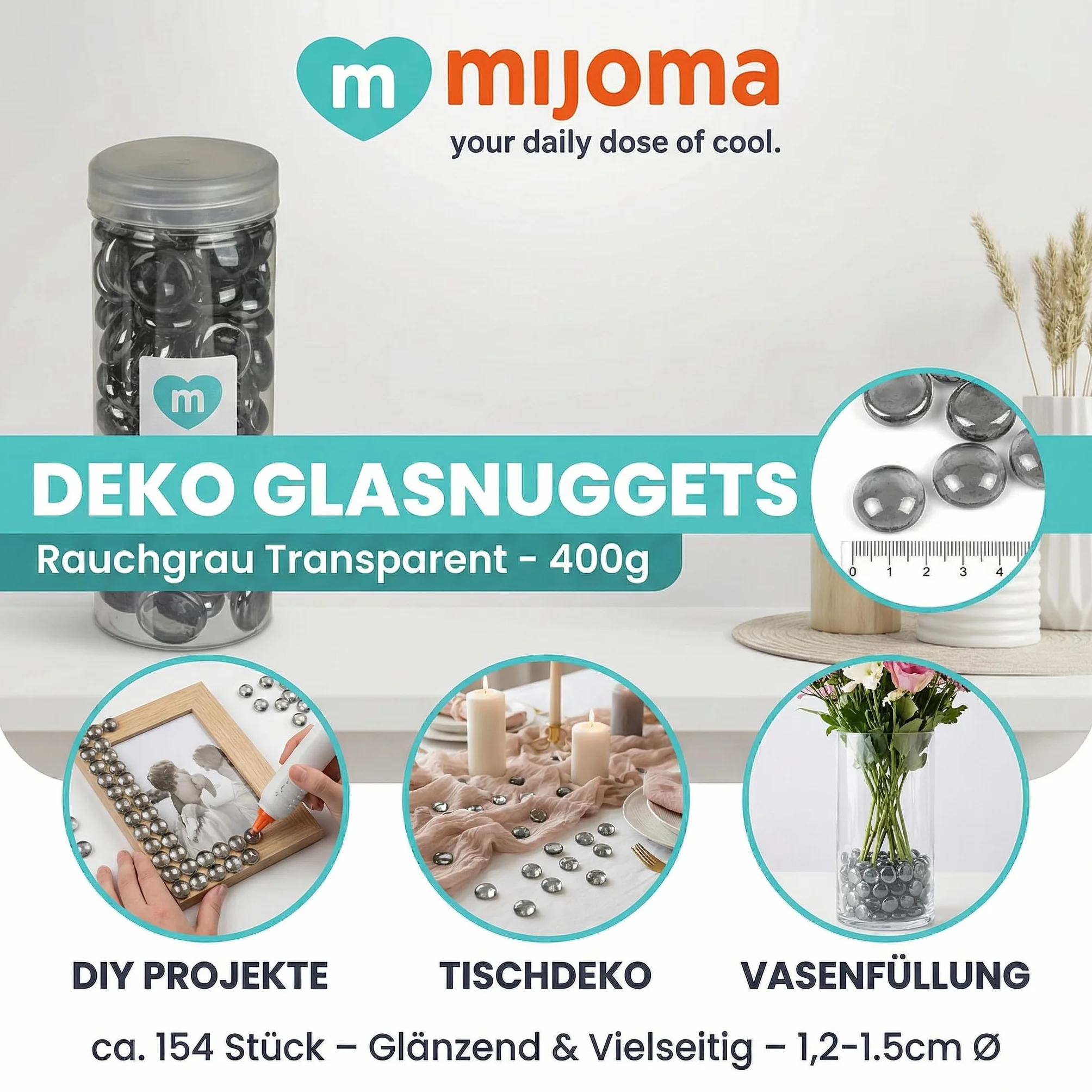 MIJOMA Dekoracyjne szklane nuggety ok. 154 sztuki – kamienie dekoracyjne ze szkła 400 g – okrągłe szklane kamienie do majsterkowania, wazony, dekoracja stołu "zrób to sam", do akwarium – kamienie Home