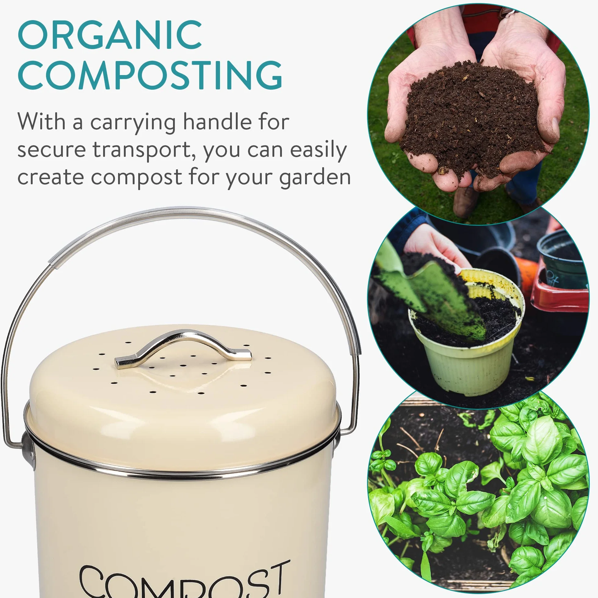 Navaris Kosz na kompost na odpady organiczne – 5 l wiadro na odpady organiczne – pojemnik na odpady organiczne z uchwytem obrotowym – w zestawie 3 filtry węglowe – kremowy
