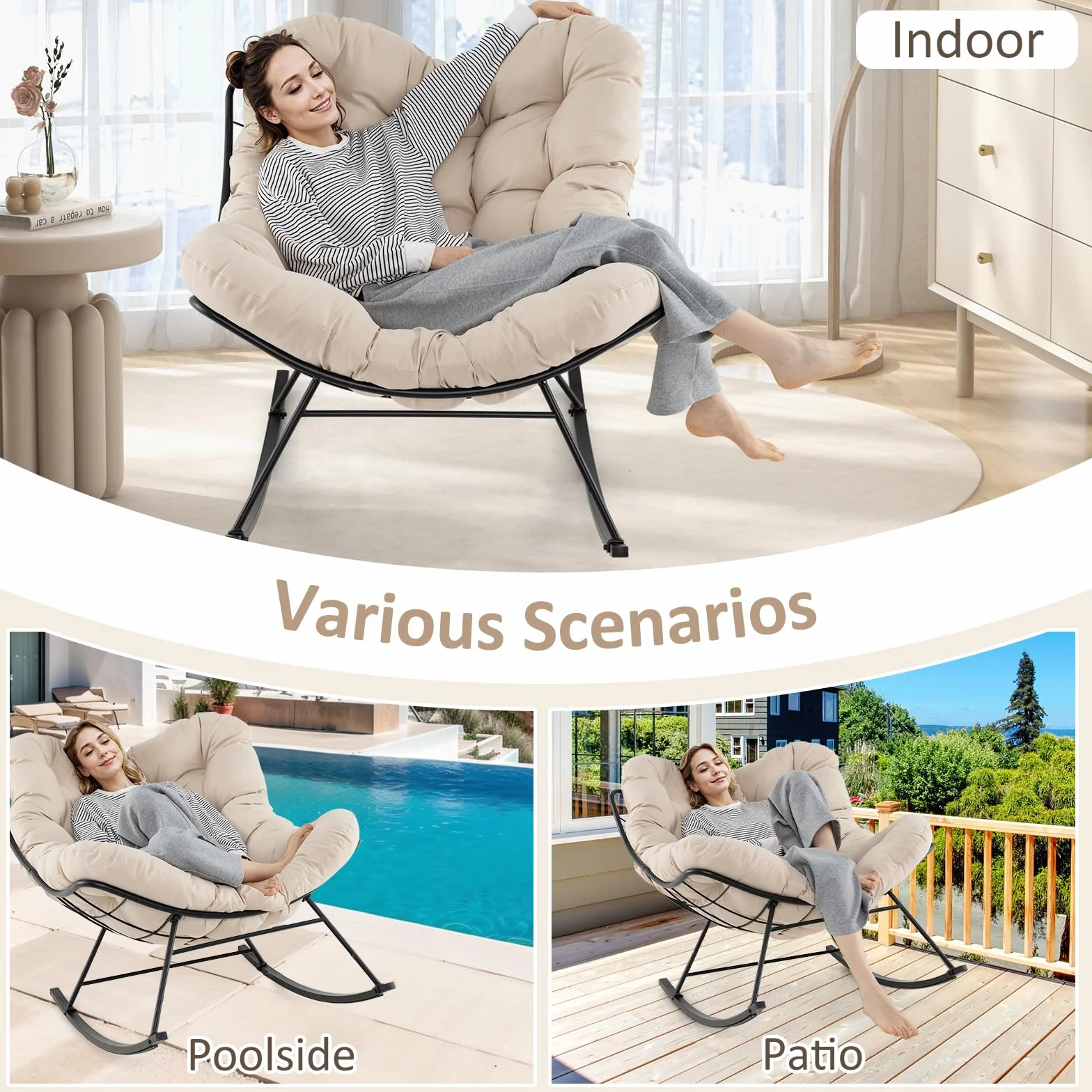 GIANTEX Duży fotel bujany, papasan w kształcie jajka z grubą poduszką, fotel bujany do wnętrz i na zewnątrz, obciążenie 205 kg, do ogrodu, na taras, szary, beżowy