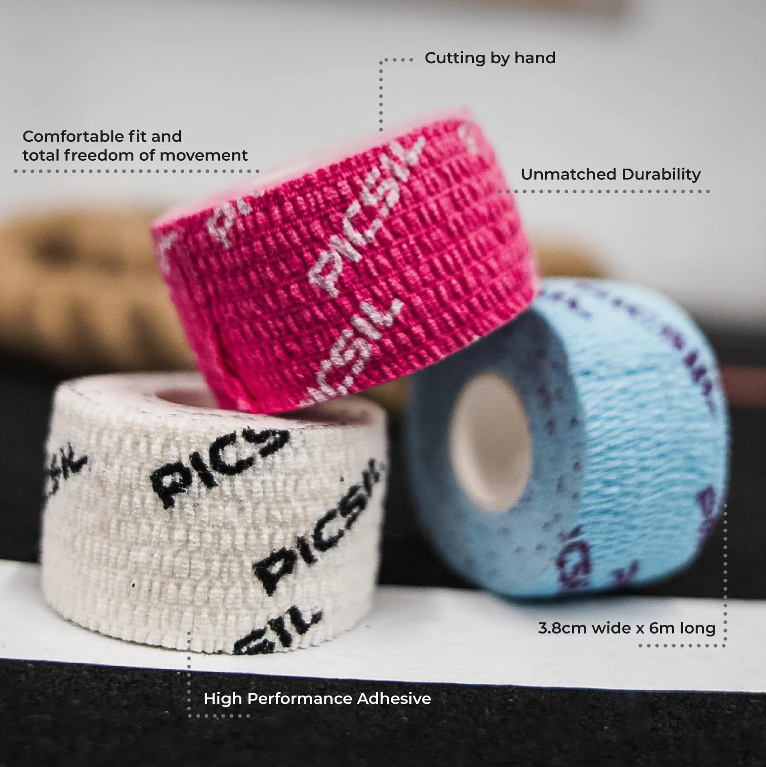 PICSIL Tape Sport – Elastyczna Taśma Sportowa (3-pack), Ochrona Palców i Rąk do Podnoszenia Ciężarów, Gimnastyki i Treningu Siłowego, Odporna na Pot i Wodę, 3,8 cm x 6 m