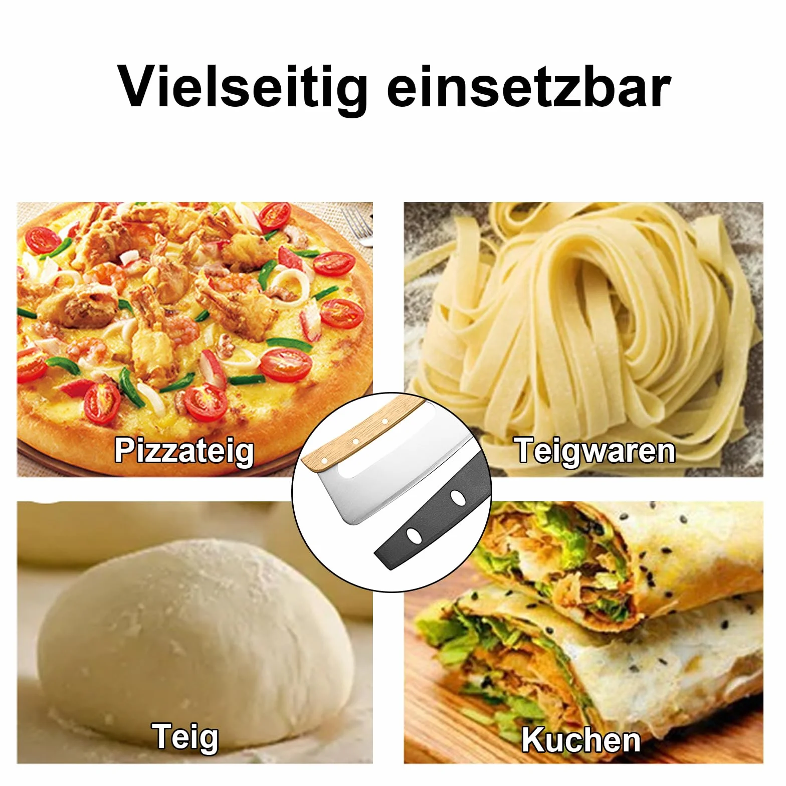 Nóż do pizzy ze stali nierdzewnej 32 cm, duży nóż kołyskowy z drewnianą rączką