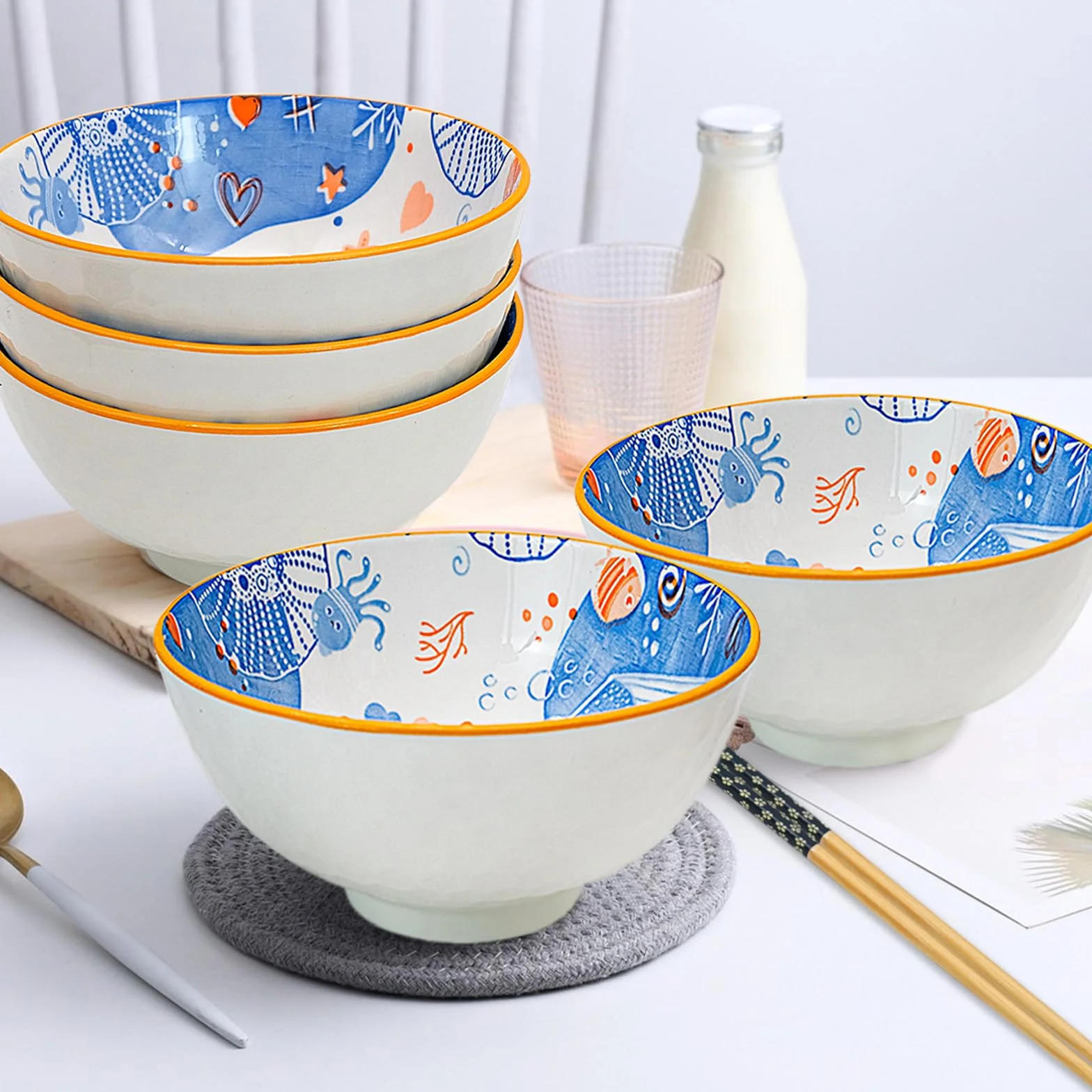 Zestaw 6 ceramicznych misek 300 ml z wzorem niebieskiego wieloryba do ryżu, deserów, musli, lodów, zup i sałatek
