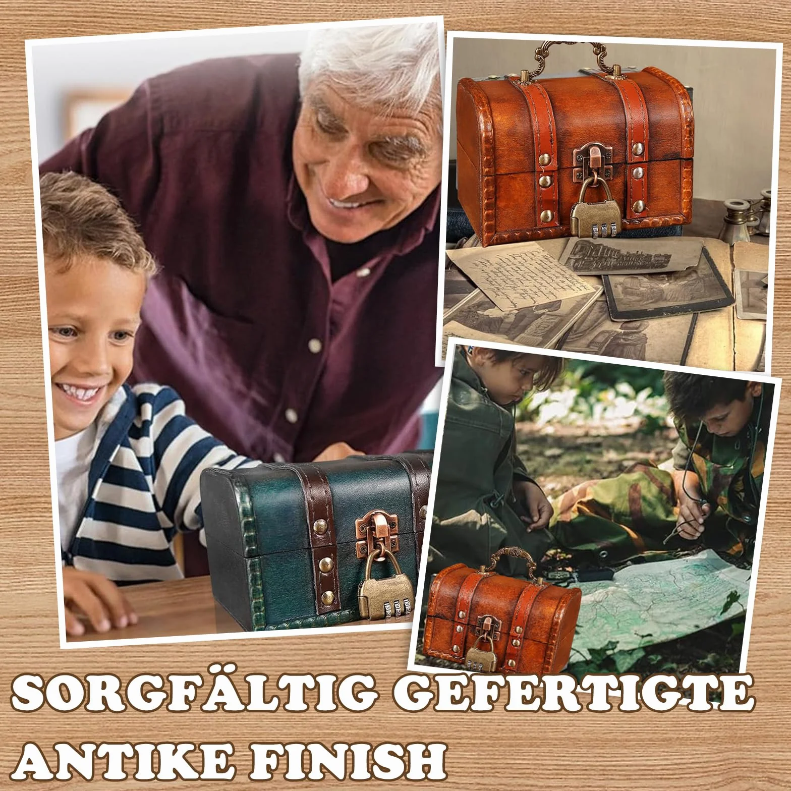 Drewniana skrzynia na skarby w stylu vintage, mała skrzynka z zamkiem szyfrowym, retro, do przechowywania i dekoracji (brązowa)