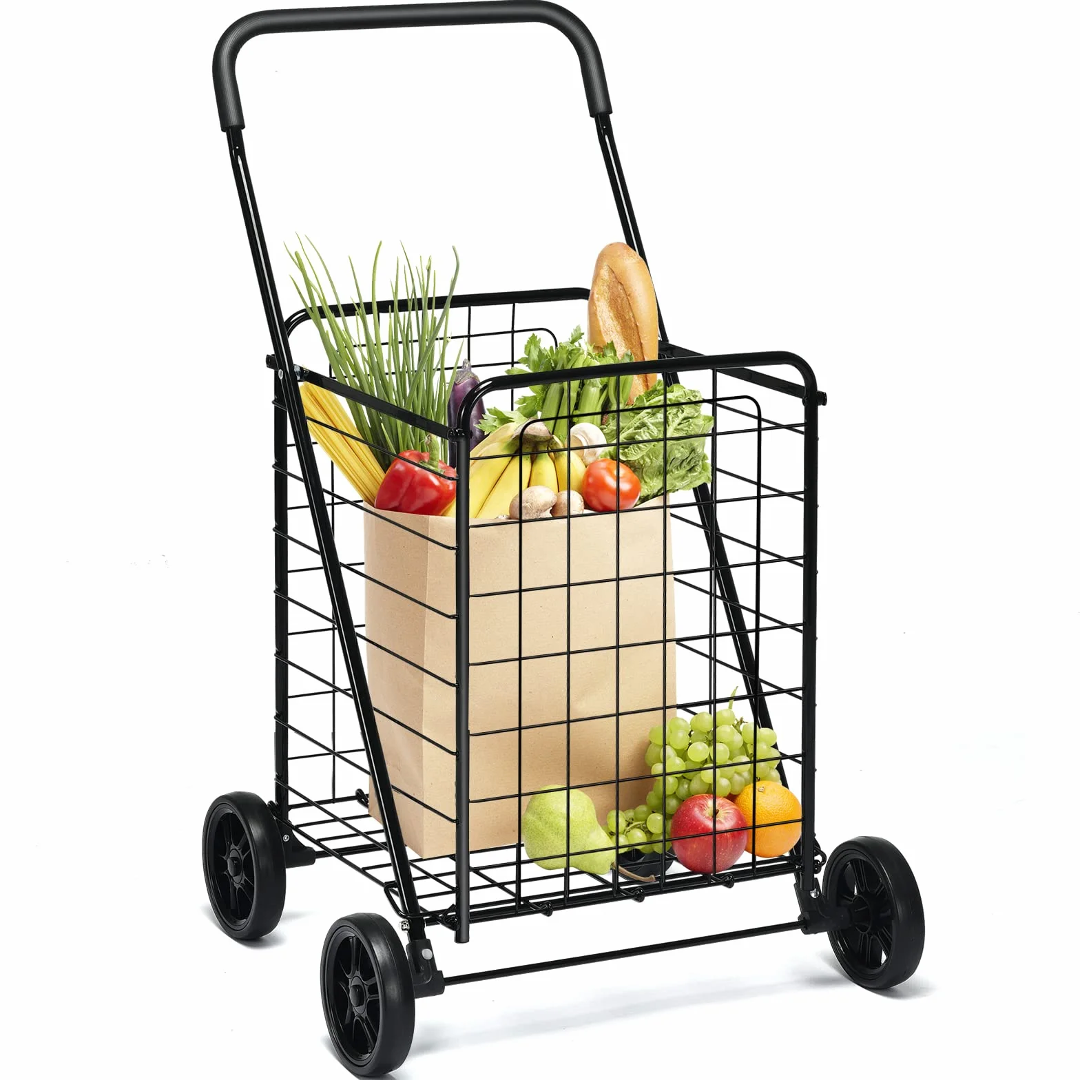 GOPLUS Składany wózek na zakupy, przenośny wózek transportowy o konstrukcji z wytrzymałej stalowej ramy z elastycznymi kołami i ergonomicznym uchwytem, składany wózek wielofunkcyjny do robienia