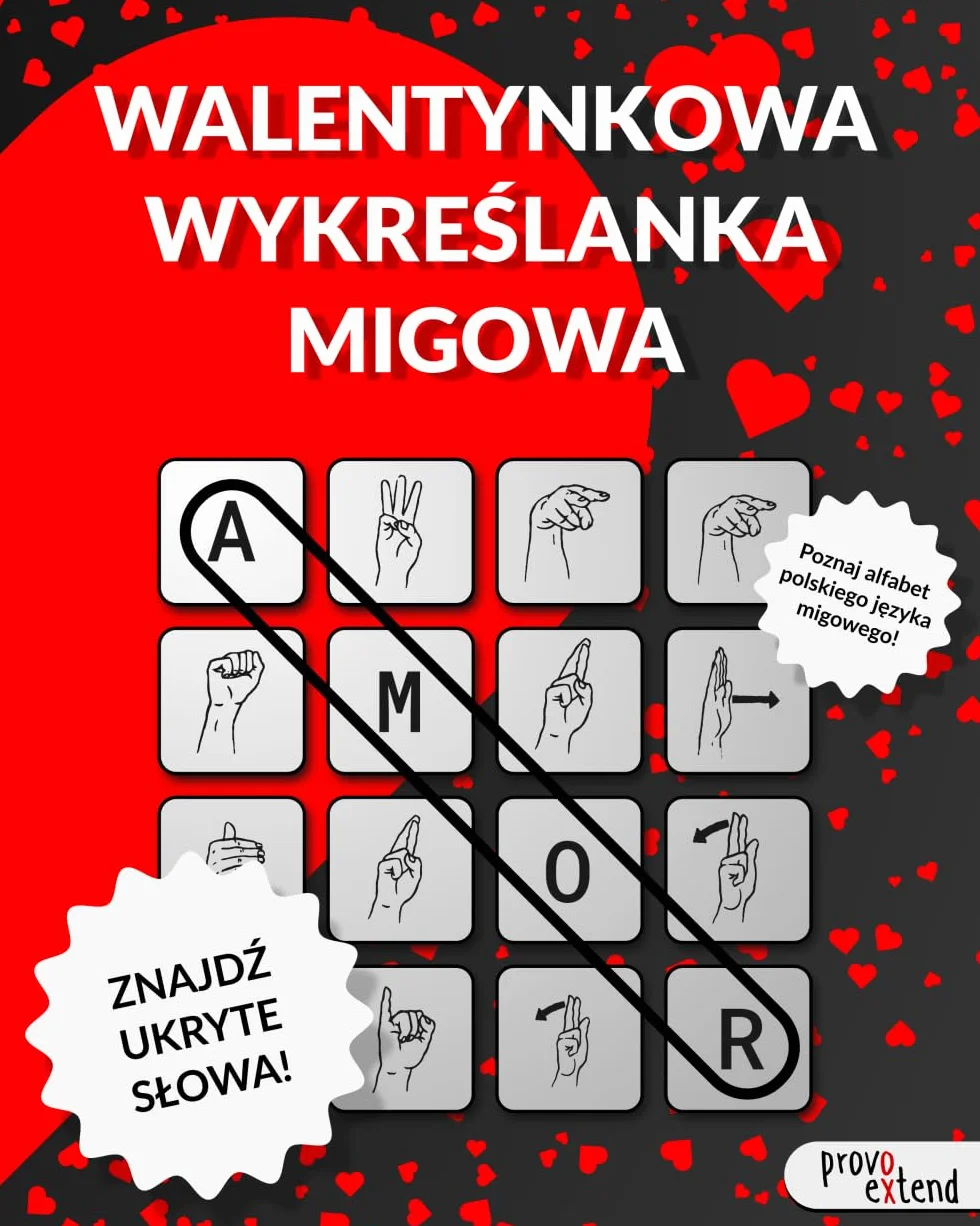 Walentynkowa Wykreślanka Migowa: poznaj alfabet polskiego języka migowego,PJM, 50 zagadek PJM, ćwicz mózg, rozwijaj pamięć i kreatywność, ucz się daktylografii