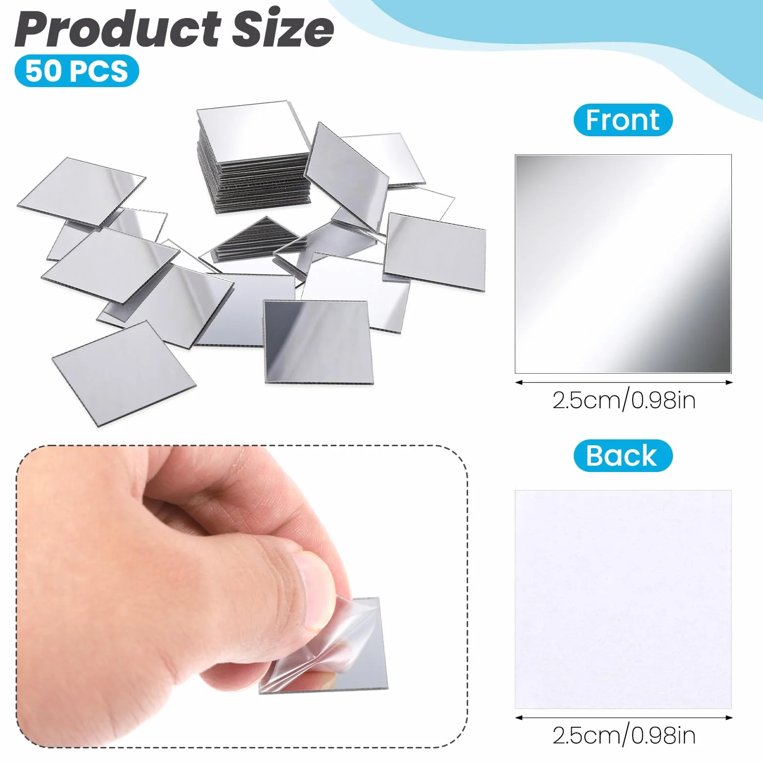 50 sztuk mini luster, 2,5 x 2,5 cm, akrylowe płytki lustrzane, samoprzylepne, kwadratowe, samoprzylepne, mozaika, lustro, dekoracja ścienna, łazienka, kuchnia, rzemiosło, stół
