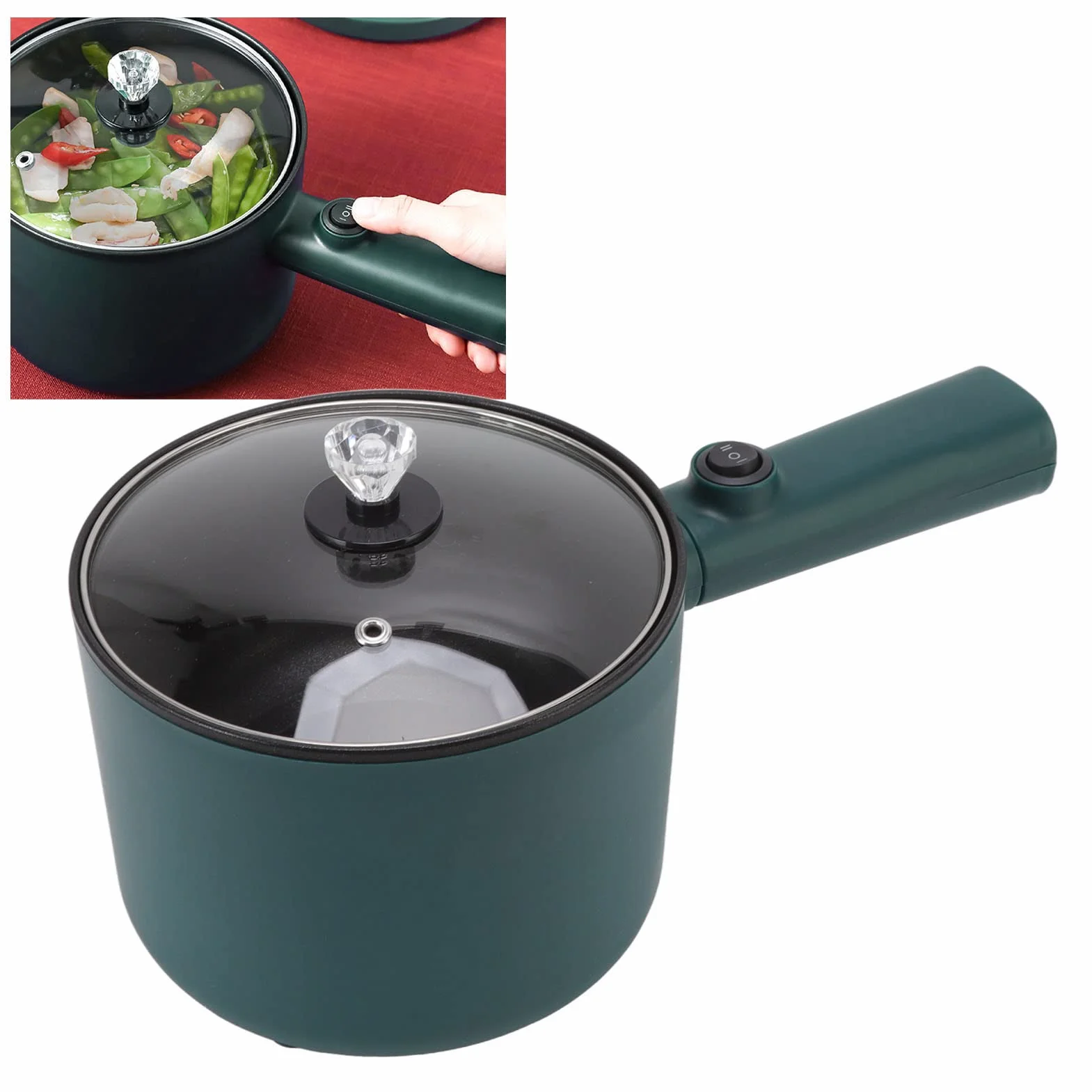 Gorący Garnek Elektryczny, Mini Garnek do Ramen 1,8 L Szybkowar do Makaronu Nieprzywierająca Patelnia do Smażenia Mini Garnek 2 Tryb Temperatury 6 Funkcji z Długim Uchwytem Kuchenka(#1)