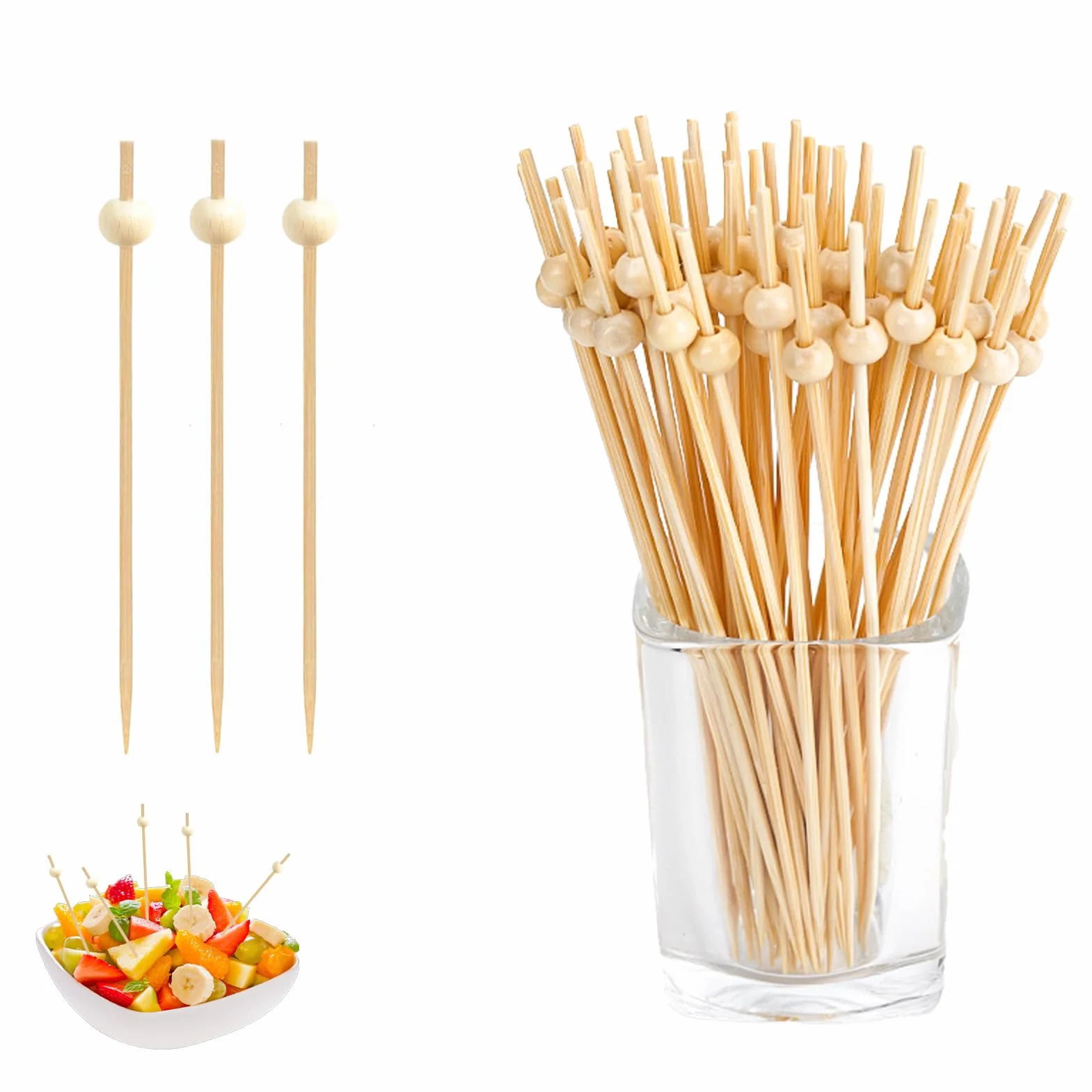 Sekfpnk100 Szaszłyki drewniane, 12 cm szaszłyki na fingerfood z drewnianymi koralikami, akcesoria koktajlowe, nadają się na koktajlowe przyjęcia, imprezy, bufety, spotkania i inne okazje