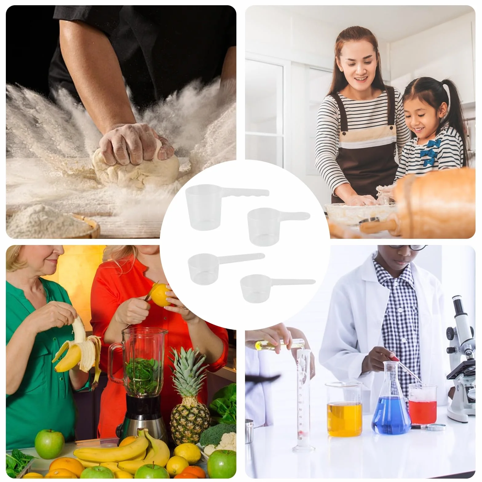 4 szt. Łyżka z dozownikiem, łyżki miarki, 40 ml, 50 ml, 70 ml, 100 ml łyżki przezroczyste plastikowe dozowniki ze skalą, łyżki kuchenne miarki do białka w proszku mąki