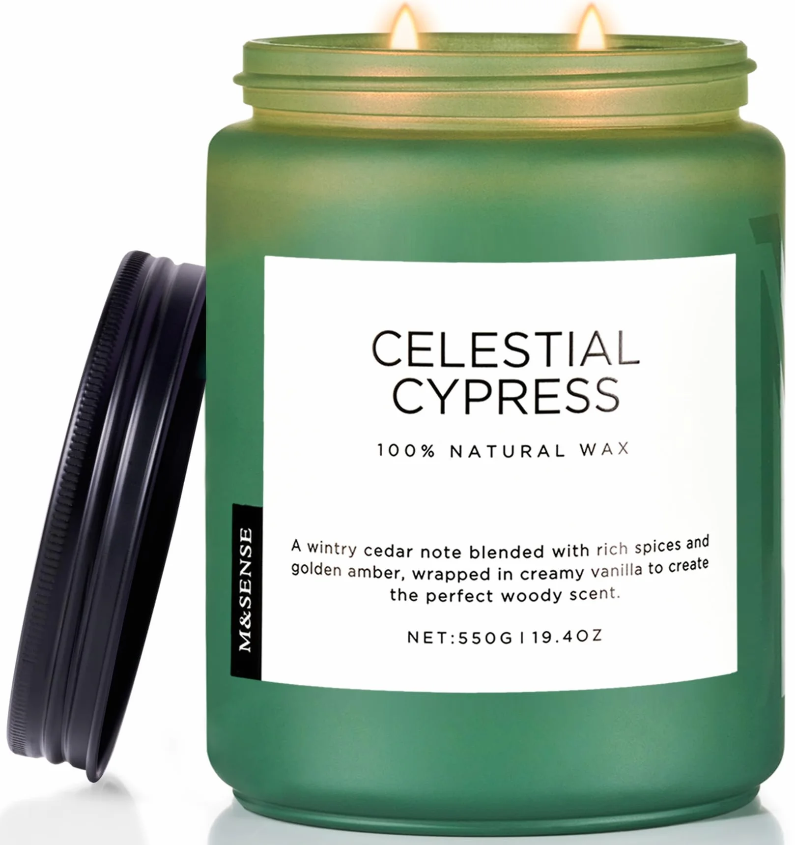 M&SENSE CelestialCypress - Świeca Sojowa Cedr-Kardamon w Szkle (550g, 110h) | 2 Knoty, Intensywny Zapach | Naturalna, Długotrwała | Idealny Prezent i Dekoracja