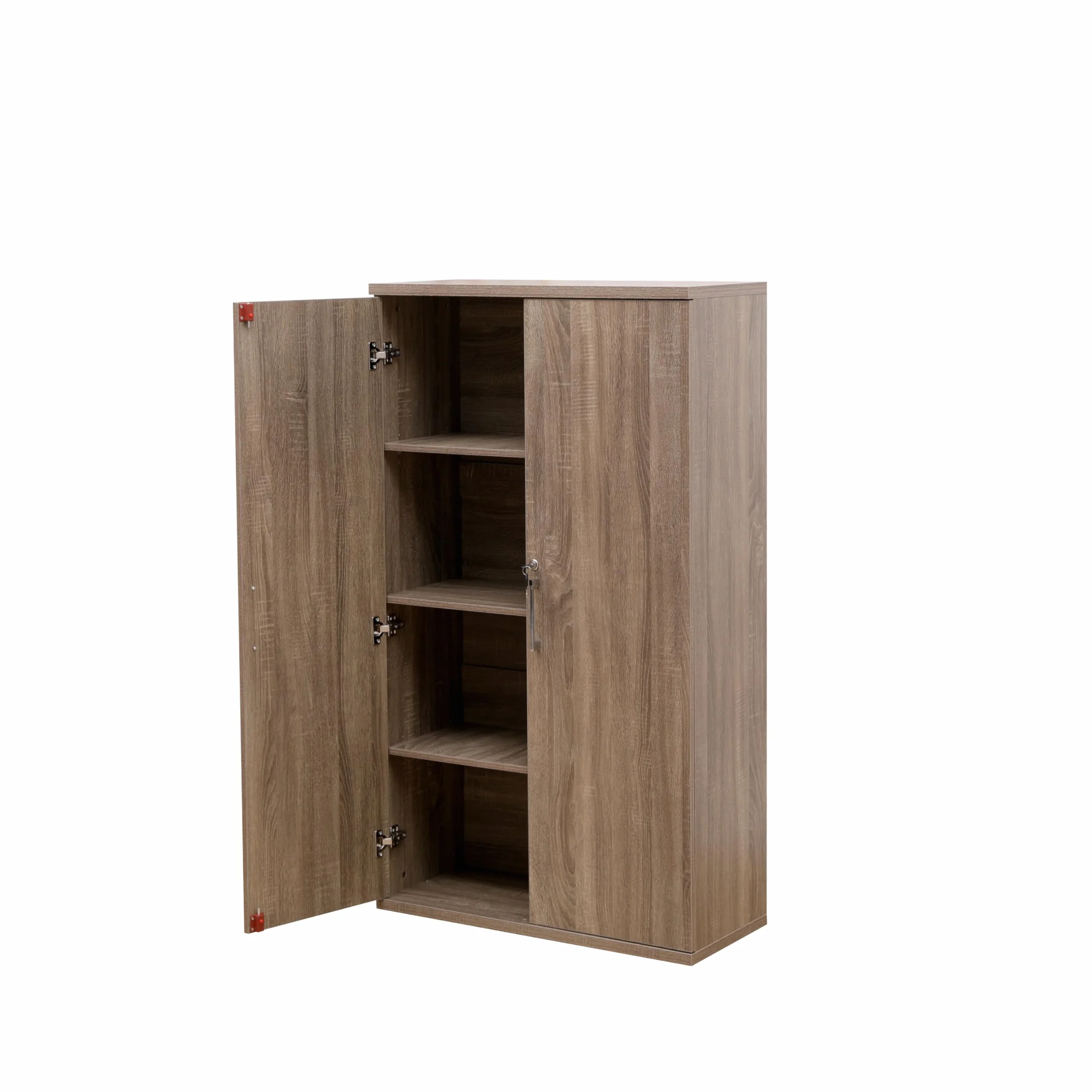 MMT Furniture Designs Ltd Dąb 2-drzwiowa zamykana szafka do przechowywania, 140 cm wysokości, organizer na narzędzia garażowe, biurowa szafka na dokumenty, z 3 półkami, ciemny dąb