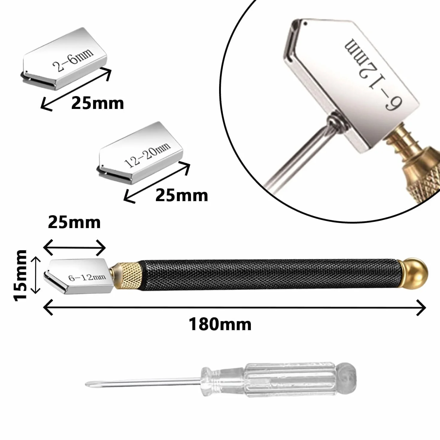 ANBOO Przecinak do szkła 2 mm-20 mm z 3 wymiennymi głowicami tnącymi z twardego metalu i ergonomicznym uchwytem – nóż do szkła grubego szkła, szyb okiennych, płytek, luster, mozaiki