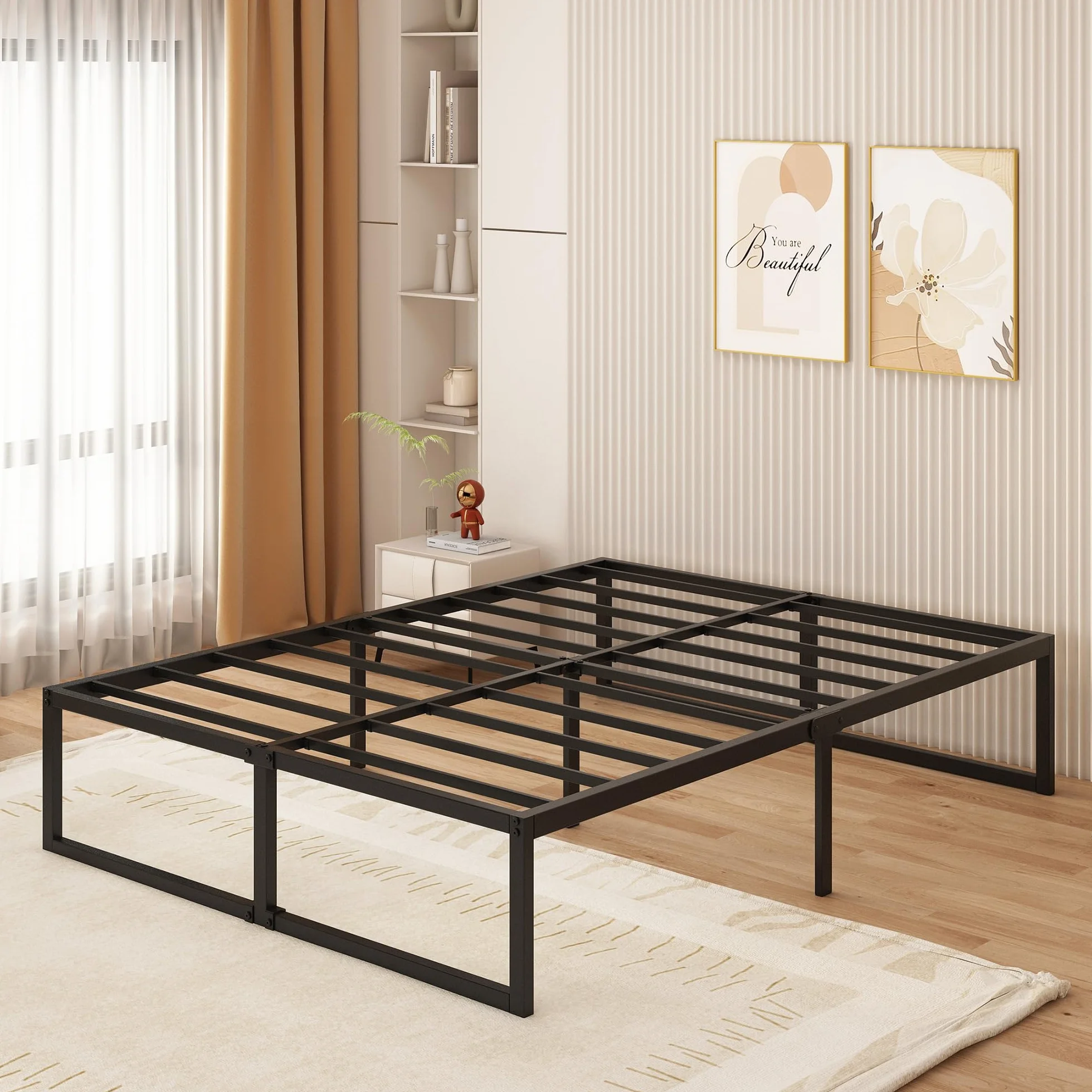Yicensen Metalowe łóżko 120 x 200 cm ze stelażem metalowym, wysokość 41 cm, rama łóżka, łóżko podwójne, stabilny, łatwy montaż, czarne